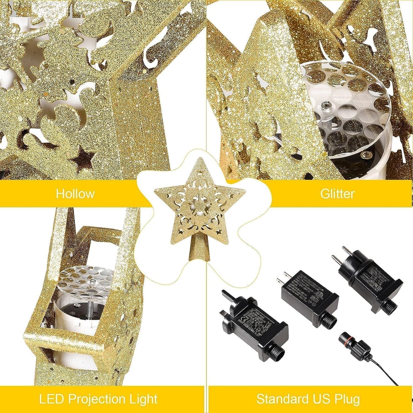 Christmas Tree Topper Lighted with Snowflake Projector, LED Rotating 3D Glitter Tree Topper for Christmas Tree, Christmas Decorations Lights (Golden Star Tree Toppers)