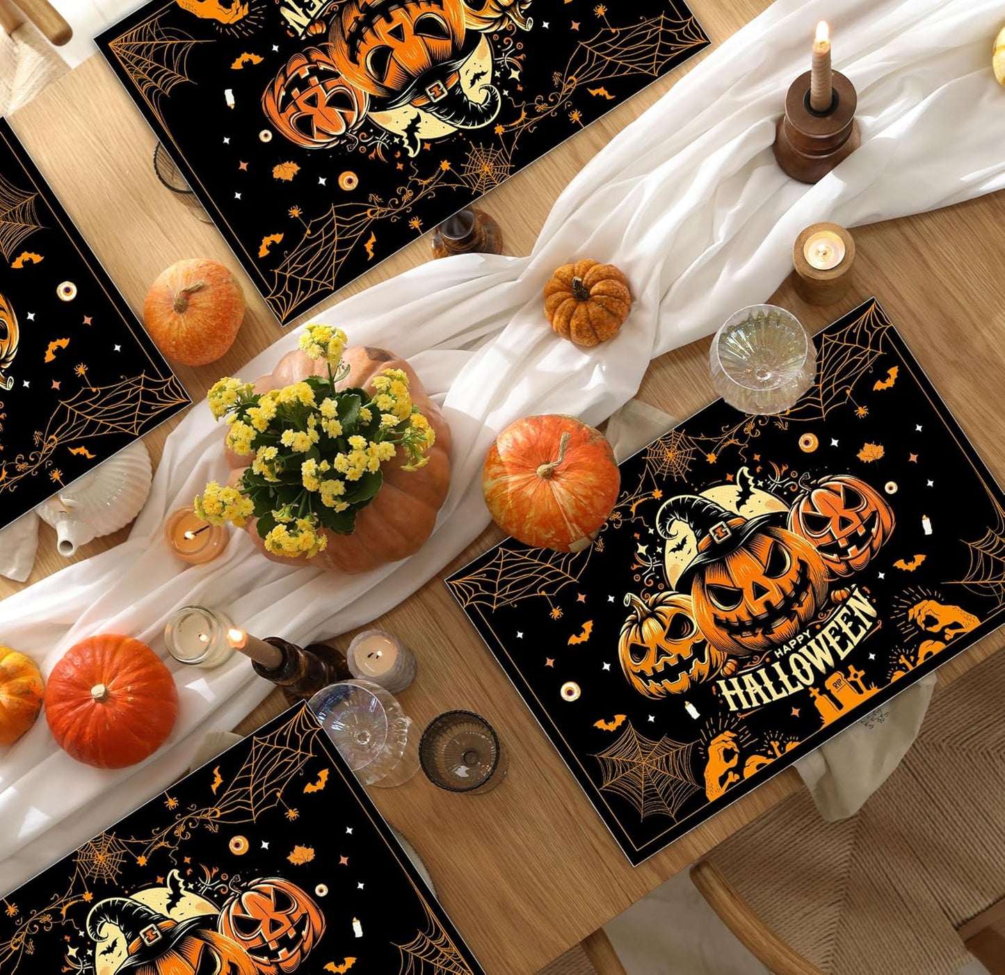 Halloween Spooky Placemats Set of 4, 12x18 Inch Pumpkin Bat Table Mats, Washable Heat Resistant Place Mats for Kitchen Dining Table, Halloween Themed Decoration for Home-B05