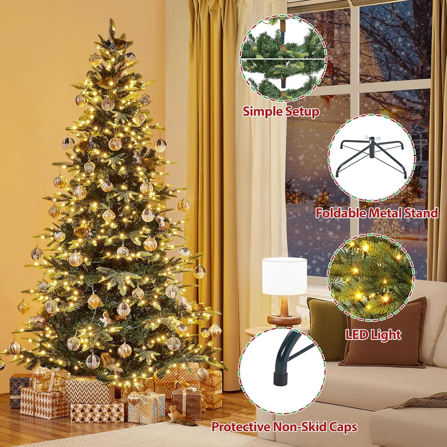 Yaheetech 7.5ft Pre-lit Aspen Fir Artificial Christmas Tree with 550 Incandescent Warm Lights Full Prelighted Xmas Tree w/1128 Branch Tips & Foldable Stand for Home Holiday Decor, Green