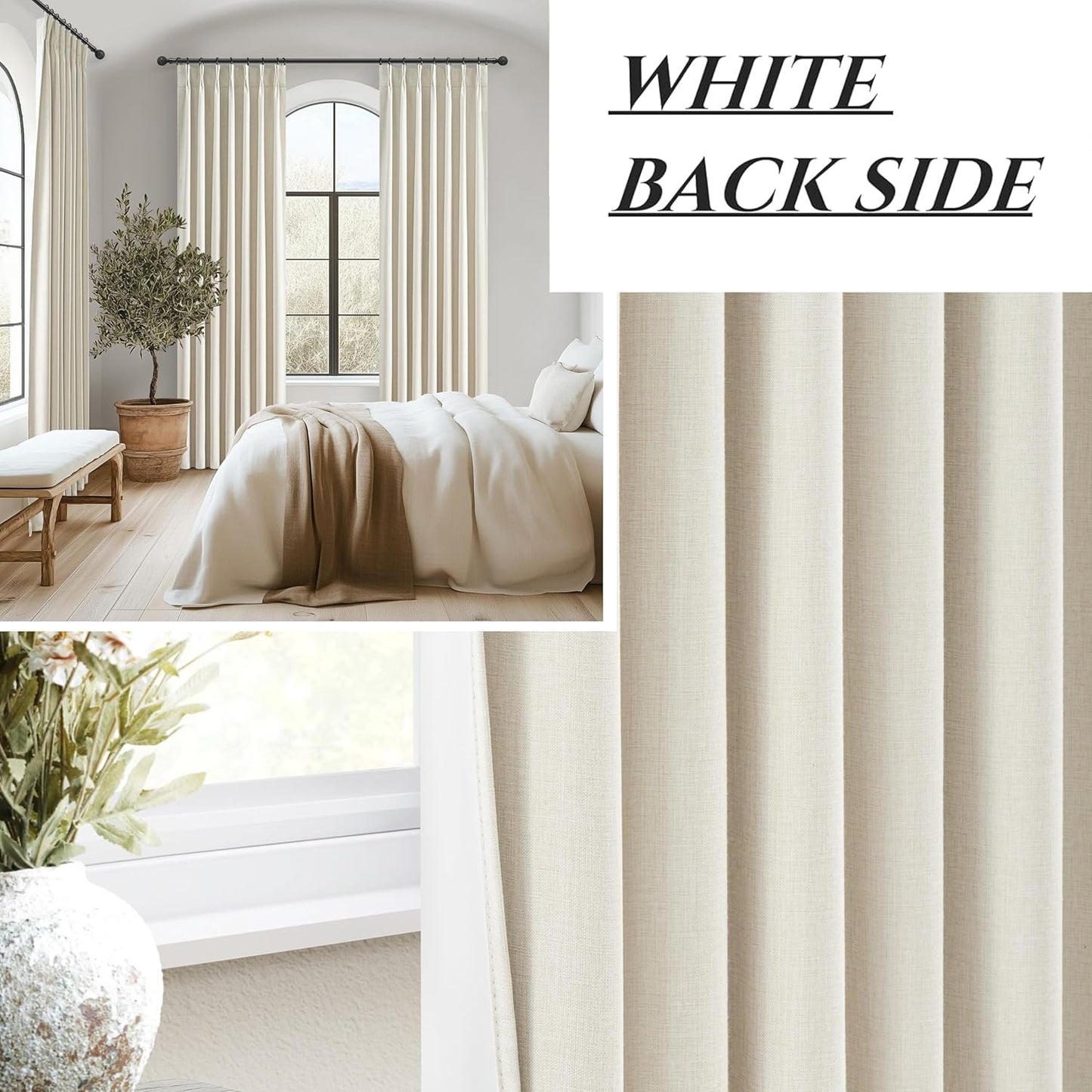 Pinch Pleat Cream Linen 102 Inch Long Curtains for Dining Room 2 Panels Set, Neutral Blackout Viral Curtain with Hooks Rings Back Tab for Office/Sunroom Privacy Thermal Drapes 40" W x 102" L