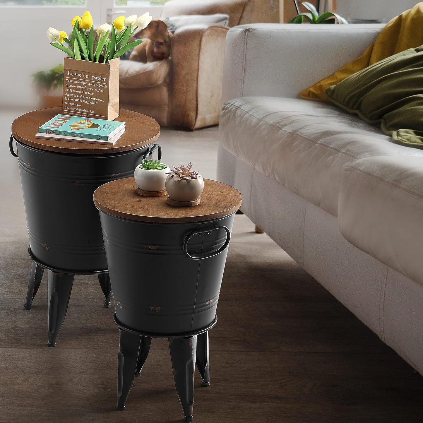 Rustic Storage Farmhouse Accent Side Table, Antique Galvanized Metal End Coffee Cocktail Table Box Bin with Round Wooden Lid Set of 2 (Black)