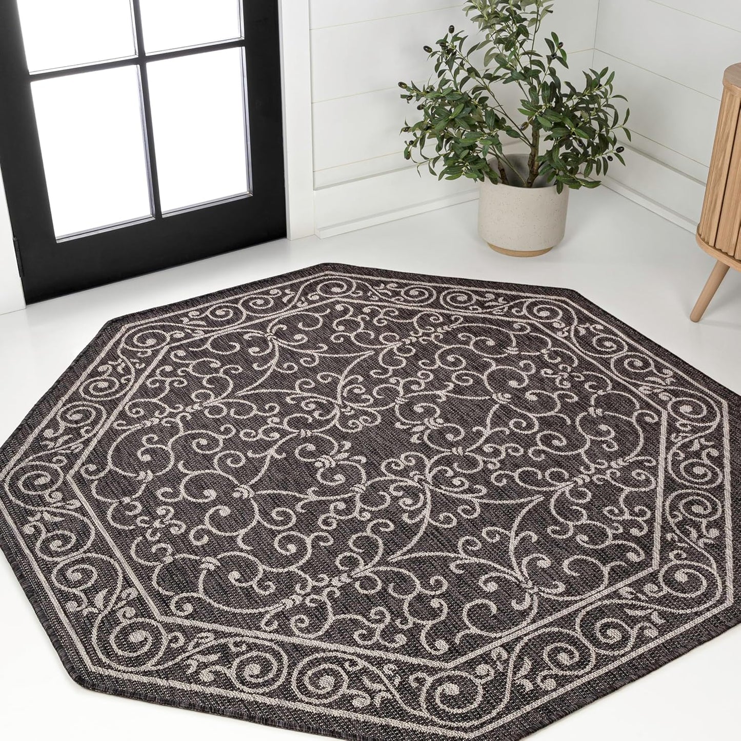 JONATHAN Y Vintage Filigree Indoor Outdoor Octagon Area Rug 8 Ft Black/Gray, Charleston Textured Weave for Backyard, Patio, Porch, Easy-Cleaning, High Traffic, Pet-Friendly Non-Shedding SMB106G-8TGN