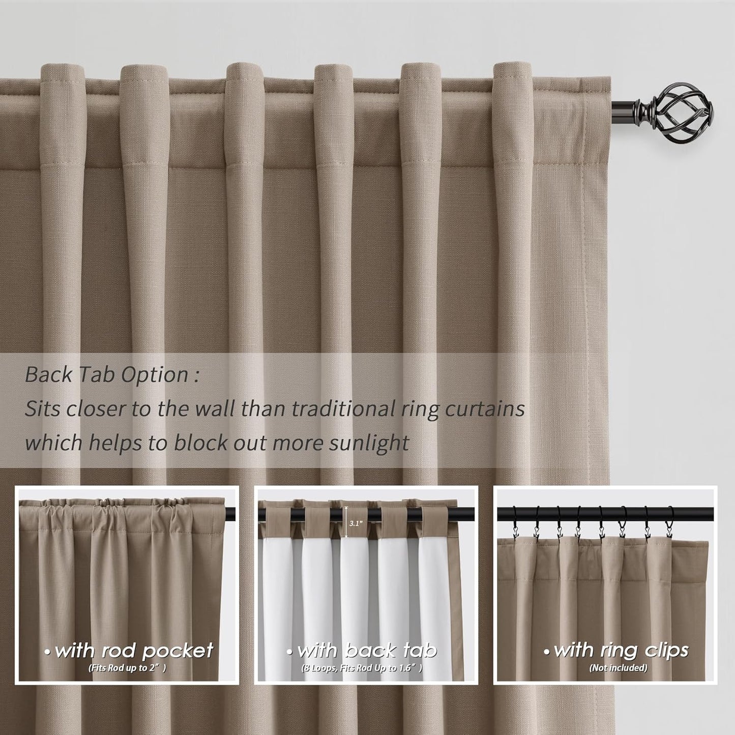 BOODII 108 Inch Black Out Curtains 2 Panels Set Back Tab Thermal Insulated Natural Linen Textured Blackout Curtains Noise Reducing Light Brown Neutral Living Room Darkening Window Drapes 52x108