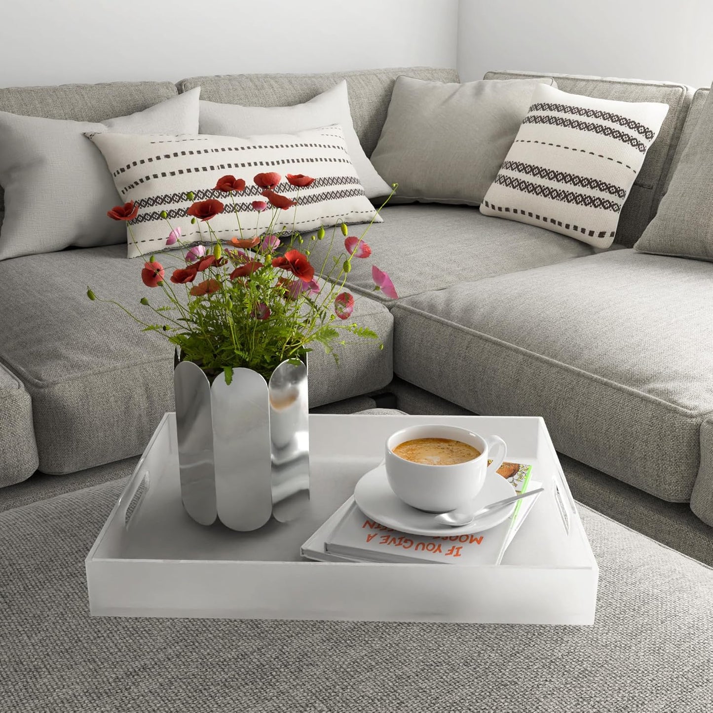 Large Acrylic Serving Tray Decorative Ottoman Coffee Table Vanity Tray Tea Fruit Platter Snack Appetizer Dessert Drink with Handles for Bar Kitchen Party, Frosted