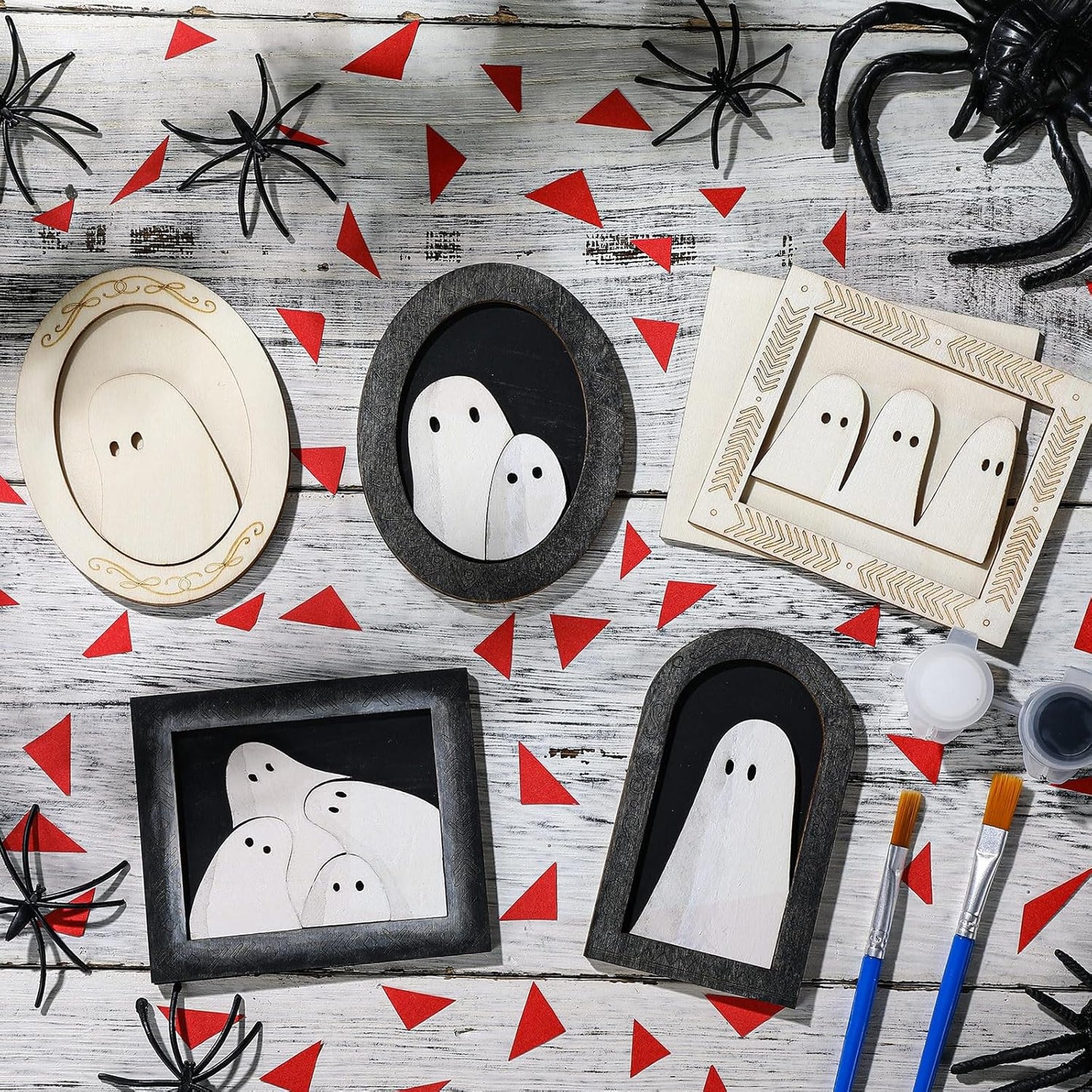 Simgoing 12 Set Wood Ghost DIY Frames Decorating Craft with Paint and Brush Unfinished Wooden Gift Ornaments Cute Ghost for Halloween Craft Art Party Supplies, Not Include Glue (Ordinary Style)