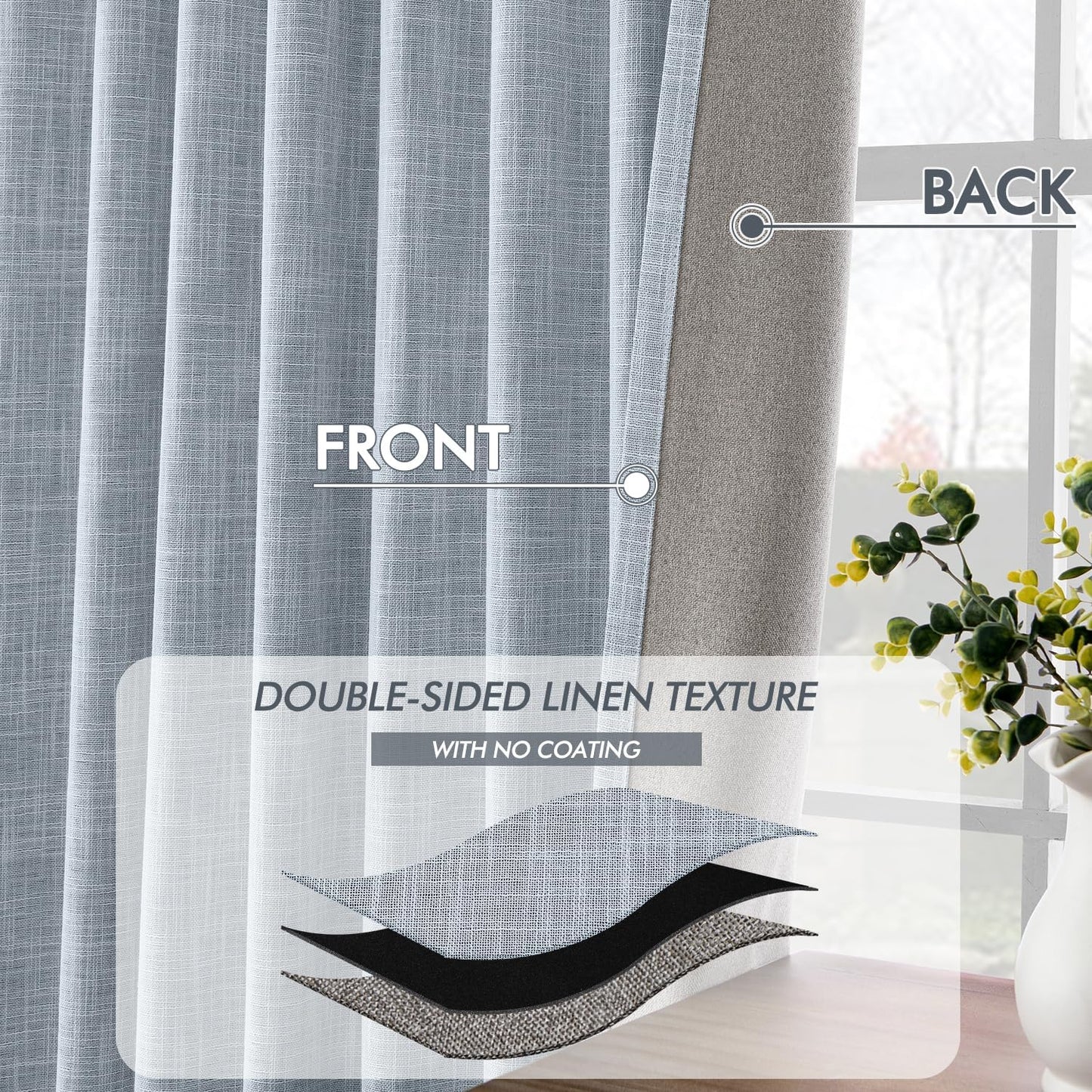 MIULEE Light Blue 100% Blackout Linen Curtains 90 Inch 2 Panels Set Double Sided No Coating Pleated Back Tab Black Out Long Thermal Insulated Pinch Pleat Bedroom Living Room Darkening Window Drapes