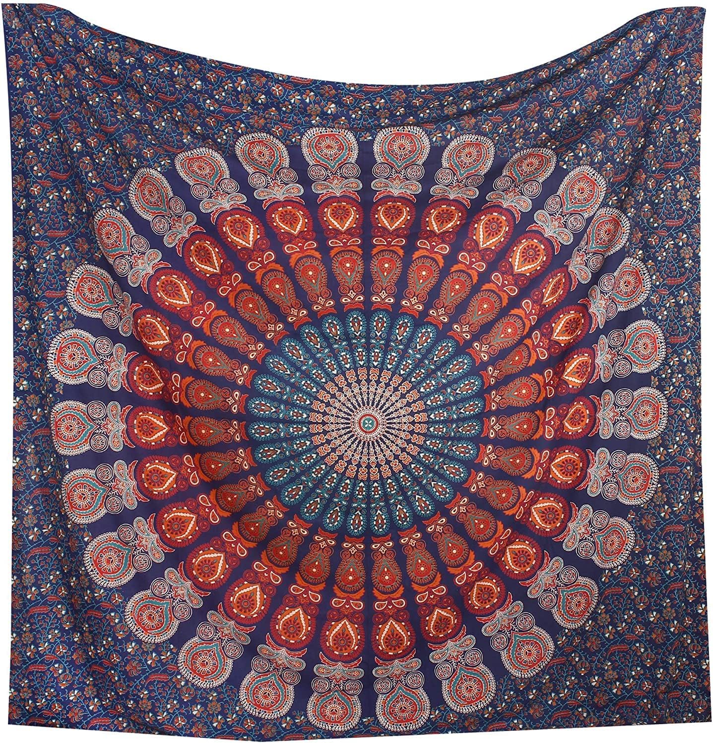 Bless International Handmade Indian hippie Bohemian Psychedelic Peacock Mandala Wall hanging College Dorm Beach Throws Table Cloth Bedding Tapestry (Golden Blue White, Poster(30x40Inches)(76x101cms))