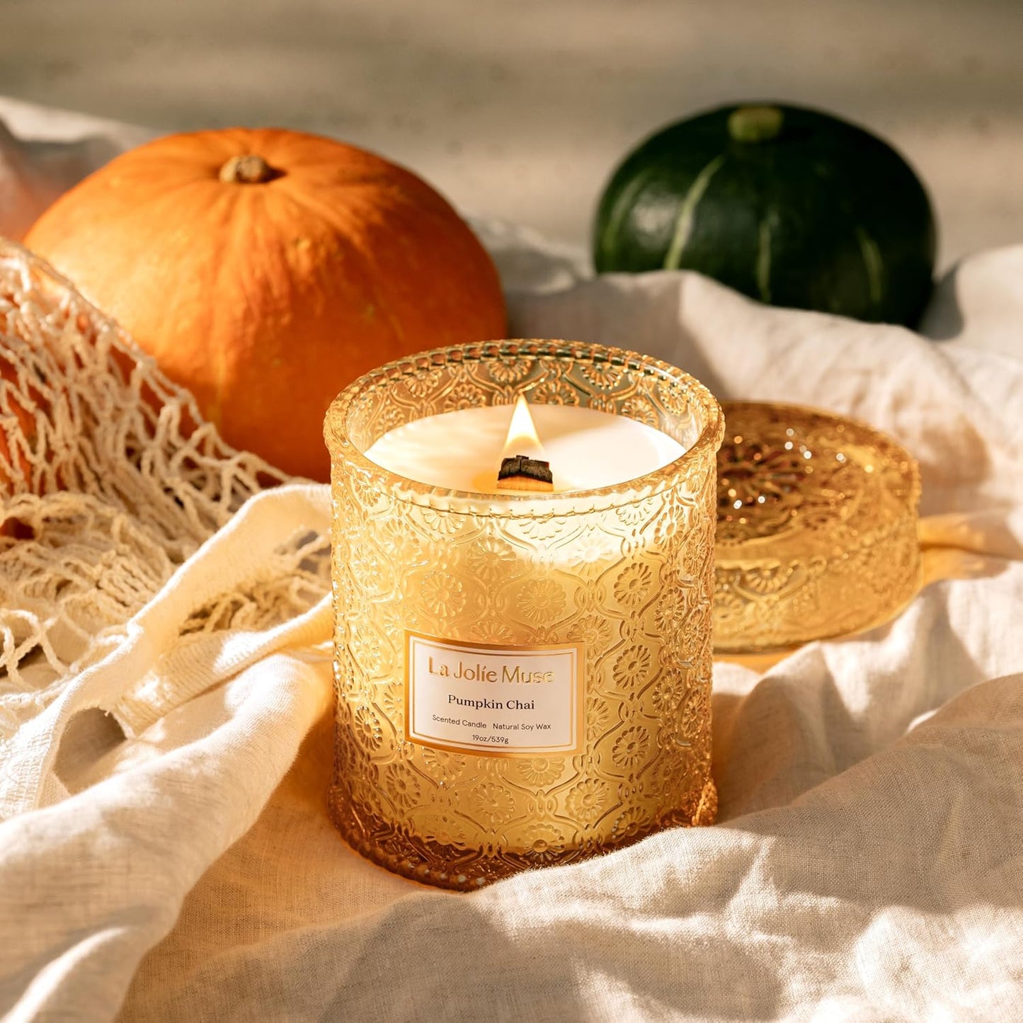 LA JOLIE MUSE Pumpkin Candle, Fall Candles for Home Scented, 19 oz Large Wood Wicked Candles, Natural Soy Candle Gifts for Men&Women, 90 Hours Long Burning, Pumpkin Chai
