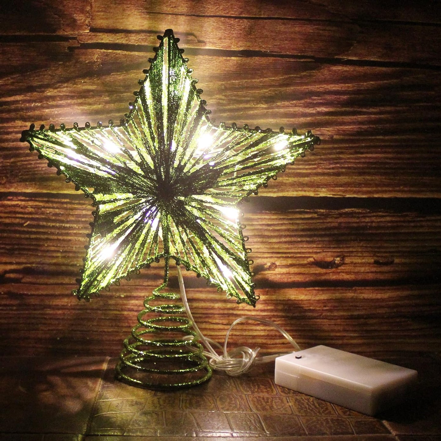 CVHOMEDECO. Green Glittered 3D Tree Top Star with Warm White LED Lights and Timer for Christmas Tree Decoration and Holiday Seasonal Décor, 8 x 10 Inch