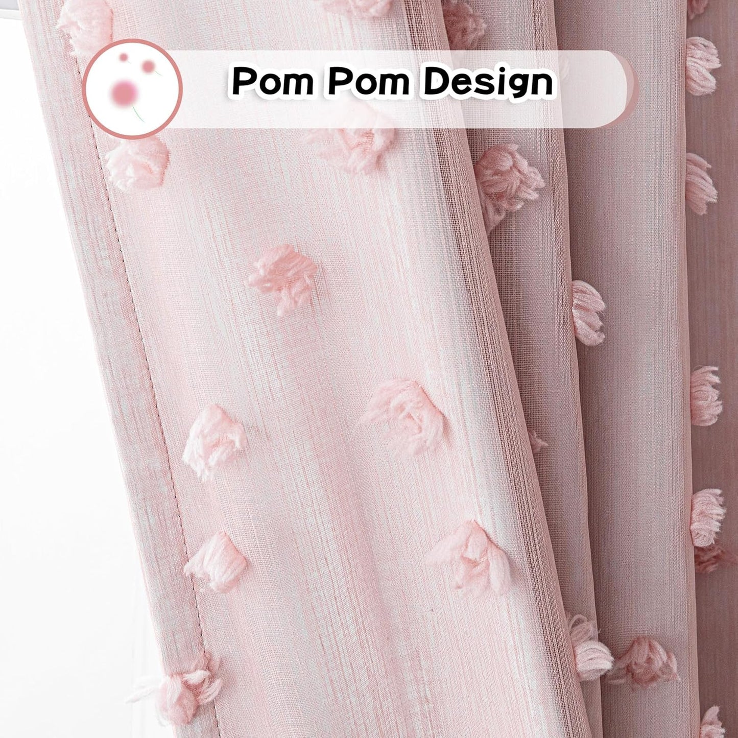 MYSKY HOME 100% Blackout Curtains for Girls Bedroom 95 Inch Long Total Room Darkening Curtain for Living Room 2 Panels Grommet Light Blocking Sliding Door Drapes Blush Pink Pom Pom Sheer 52 x 95 Inch