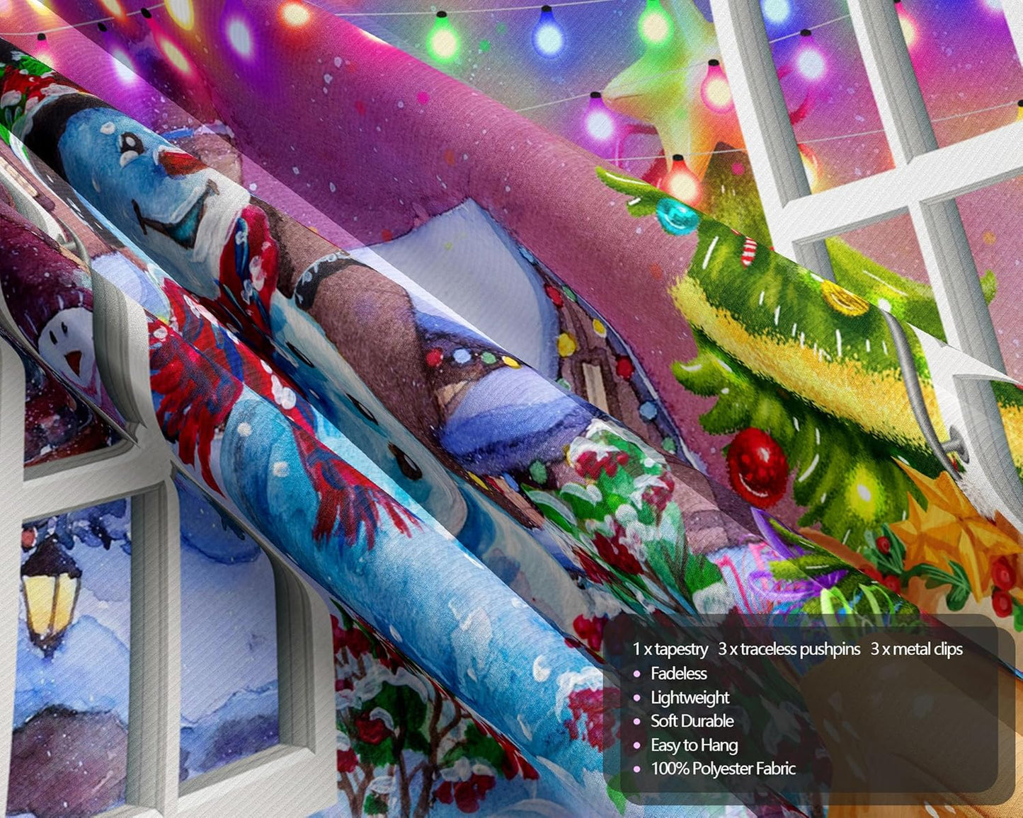 QGHOT Christmas Window Tapestry Wall Hanging, Christmas Backdrop Winter Window Wall Decor Xmas Snowman Deer Tapestries for Bedroom Living Room Dorm Holiday Party Decoration, Large