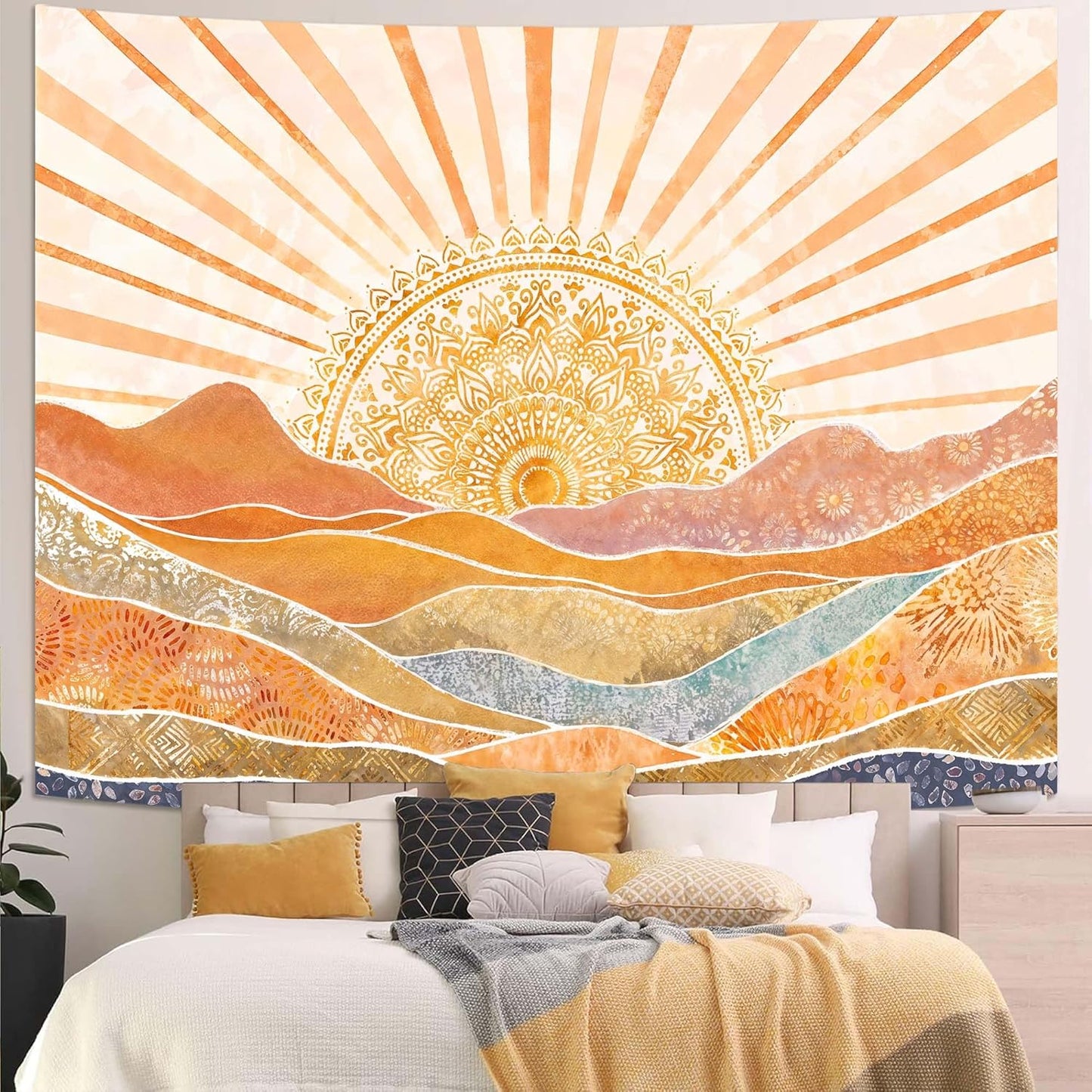 Lunerfex Bohemian Mandala Sunrise Wall Tapestry, Abstract Mountain Scenery Tapestries for Home Decor, Boho Tapestry 60x44 Inch