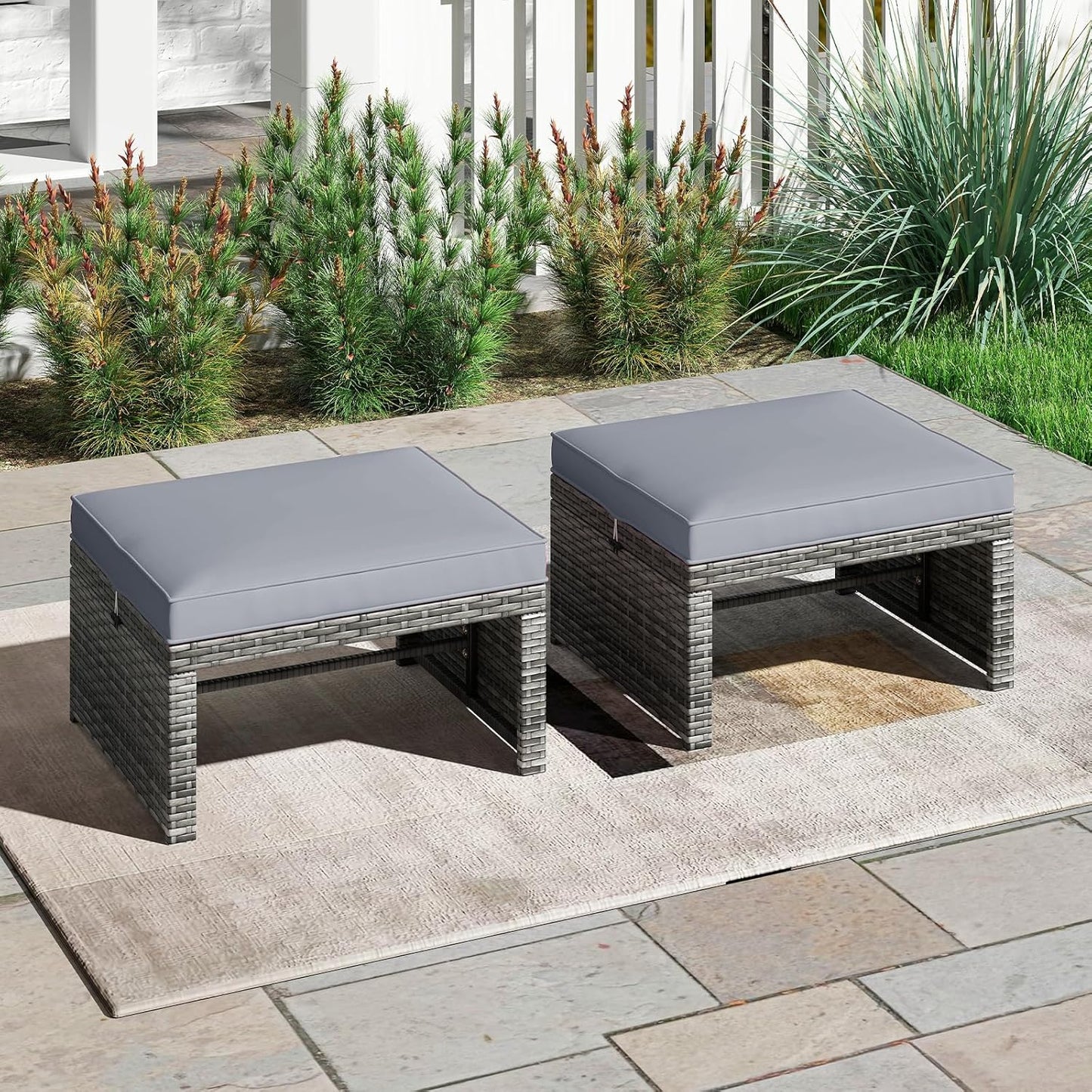 Tangkula 2 Pieces Patio PE Rattan Ottomans, Multipurpose Outdoor Footstool Footrest Additional Seating Side Table with Soft Zippered Cushions for Deck, Garden, and Yard (Gray)
