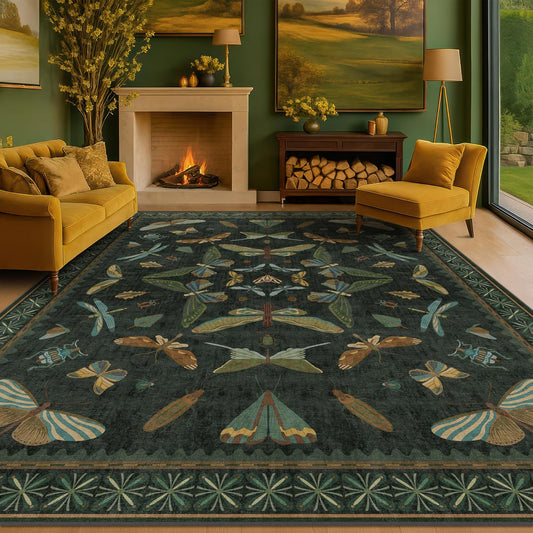 Dark Green Bug Area Rugs 8x10 for Living Room, Dining Room Under Table, Bedroom, Unique Washable Floral Non Slip Floor Insect Carpet with Butterfly, Bee, Moth, Dragonfly