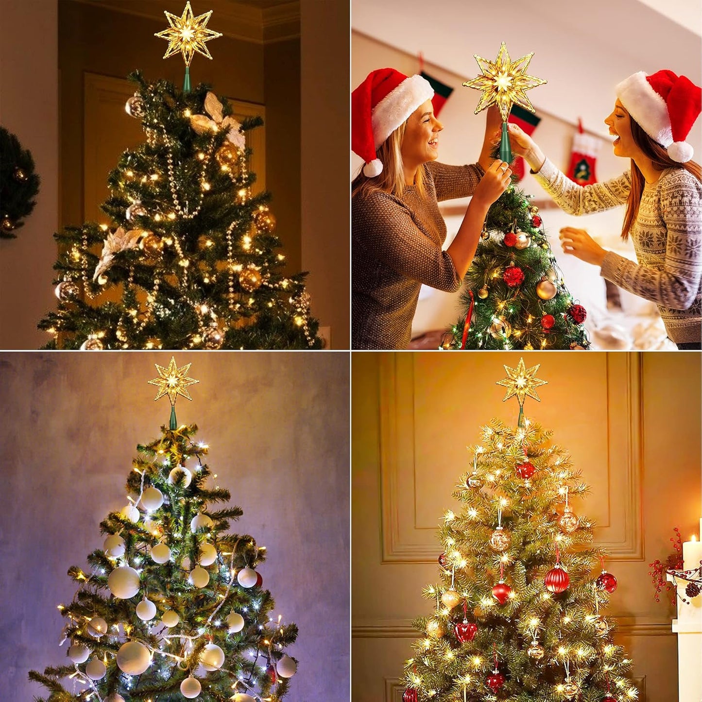 ODEETRONIC Christmas Star Tree Topper, 8 in 120V UL Certified Double Sided 8-Point Star Christmas Treetop Lights, Indoor Lighted Xmas Treetop for Bedroom Home Party Wedding Decor, Gold, Warm White