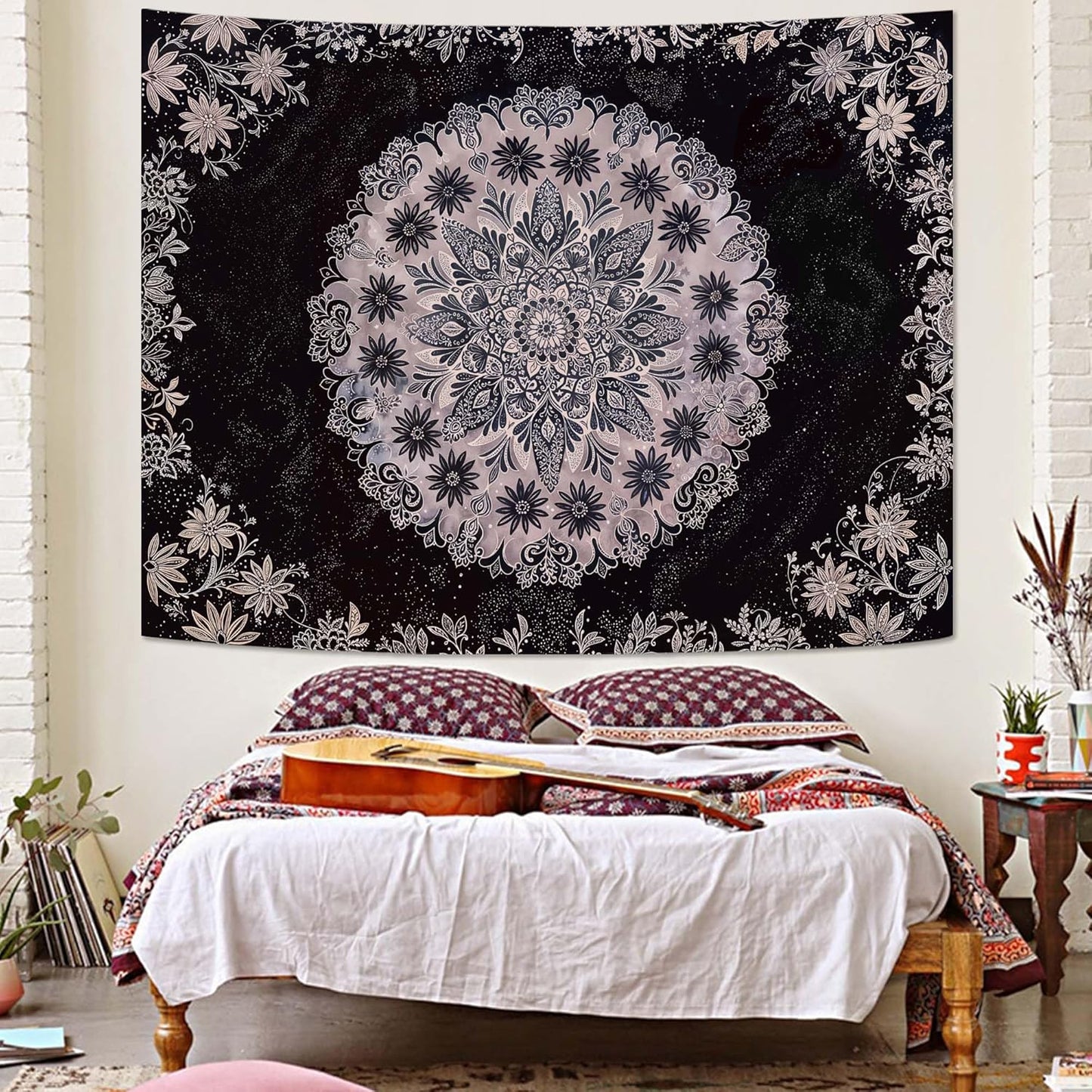 Fowocu Boho Floral Mandala Tapestry Wall Hanging Grey Bohemian Flower Medallion Tapestry Aesthetic Gray Black Hippie Indian Small Tapestries for Bedroom Living Room Dorm Decor 60 x 44 Inch