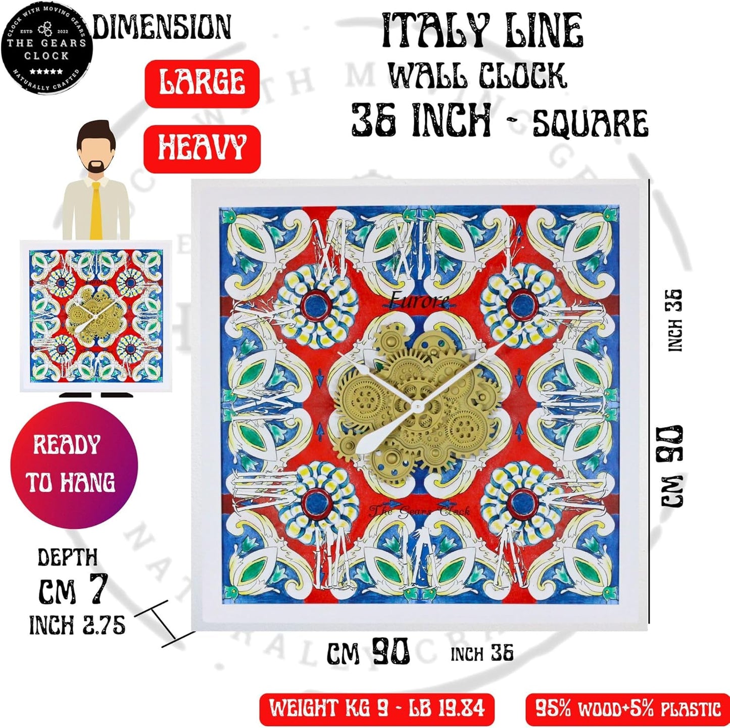 The Gears Clock Wall Clock Italy Collection with Moving Gears (Vietri, 36 inch Square)