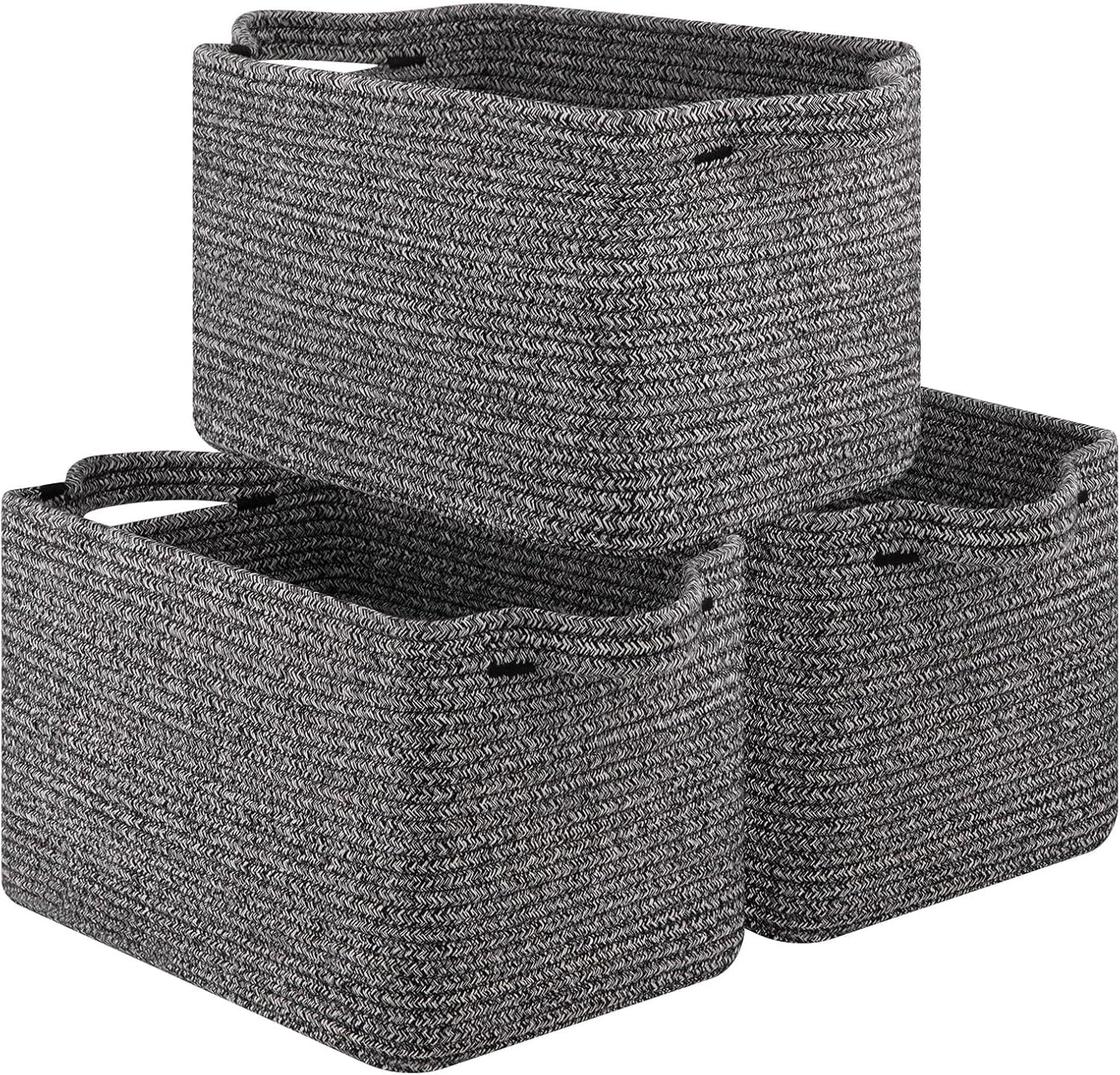 OIAHOMY Storage Basket, Woven Baskets for Storage, Cotton Rope Basket for toys,Towel Baskets for Bathroom - Pack of 3, Black