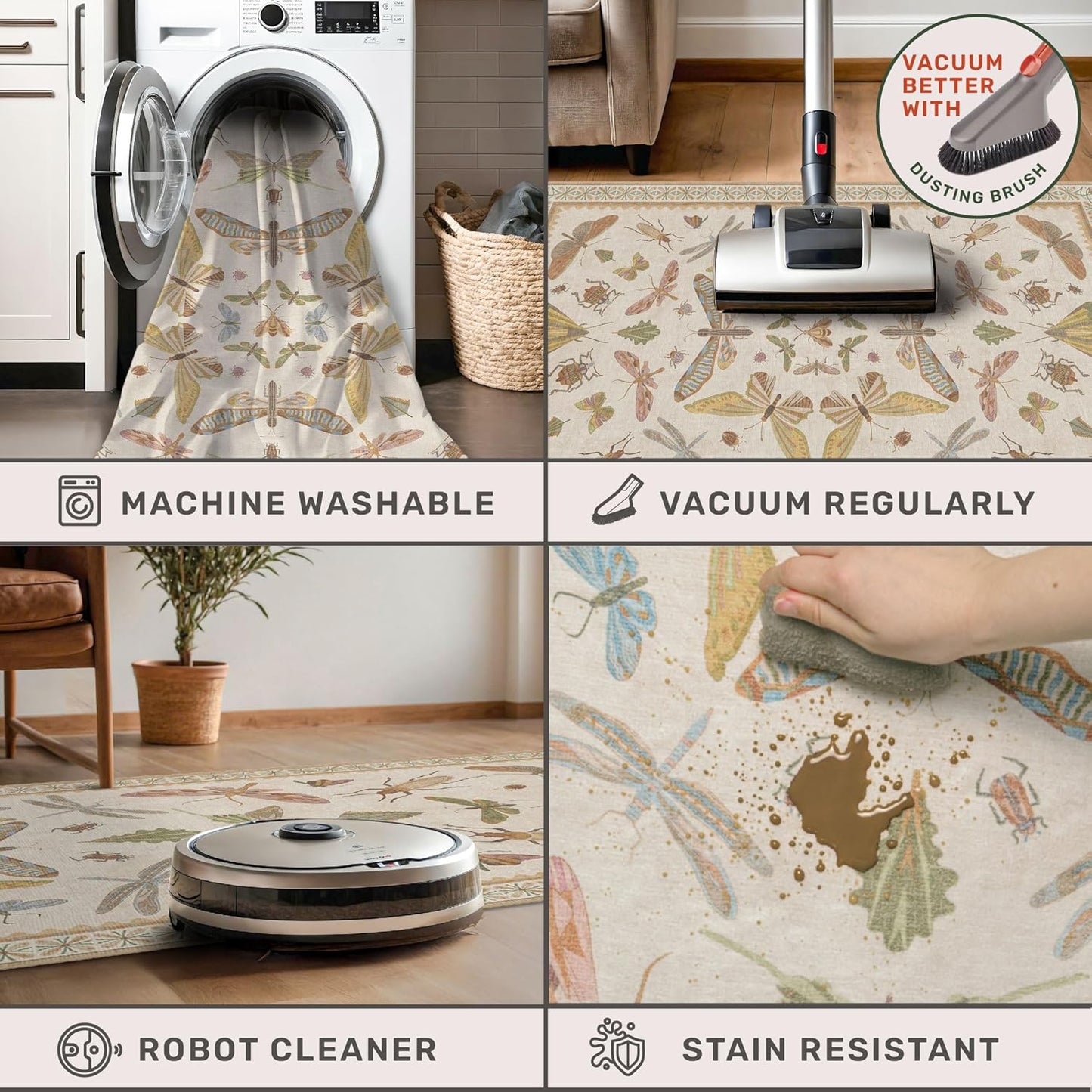 Washable Neutral Area Rug Living Room, 5x8 Washable Rugs for Bedroom Under Bed, Nursery Room, Boho Vintage Insect Butterfly Non-Slip Low Pile Stain Resistant - Beige/Yellow