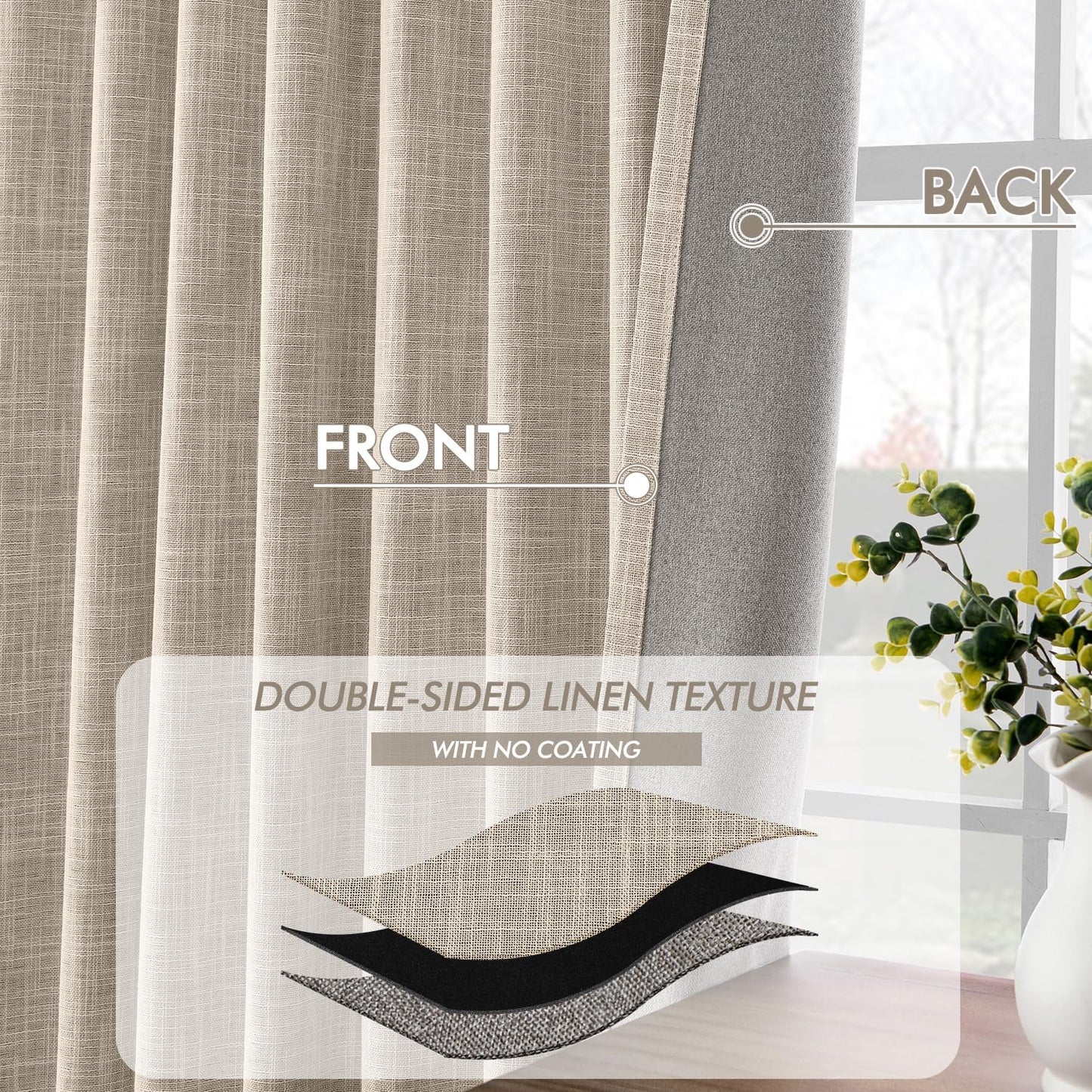 MIULEE Beige 100% Blackout Linen Curtains 84 Inch 2 Panels Set Double Sided No Coating Pleated Back Tab Black Out Long Thermal Insulated Pinch Pleat Bedroom Living Room Darkening Window Drapes