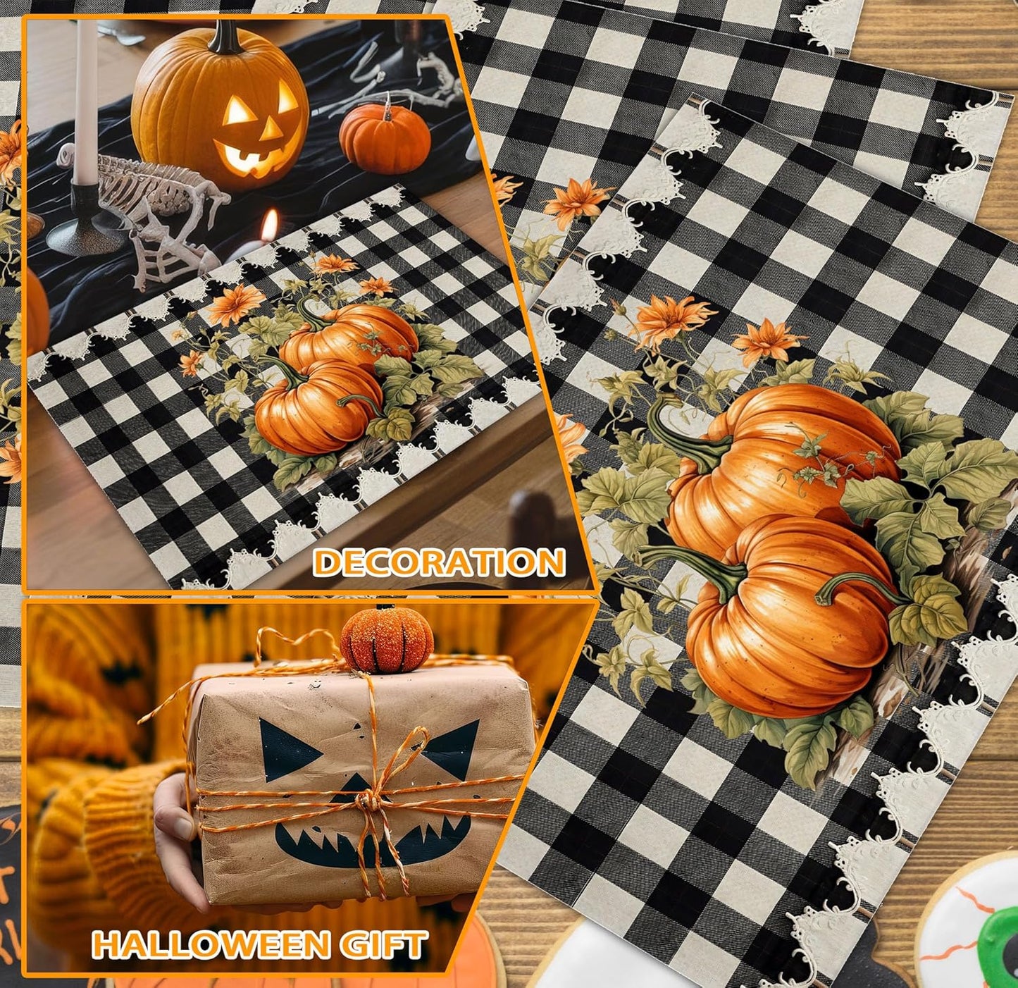 Halloween Pumpkin Placemats Set of 4, 12x18 Inch Pumpkin Plaid Table Mats, Washable Heat Resistant Place Mats for Kitchen Dining Table, Halloween Themed Decoration for Home-B07