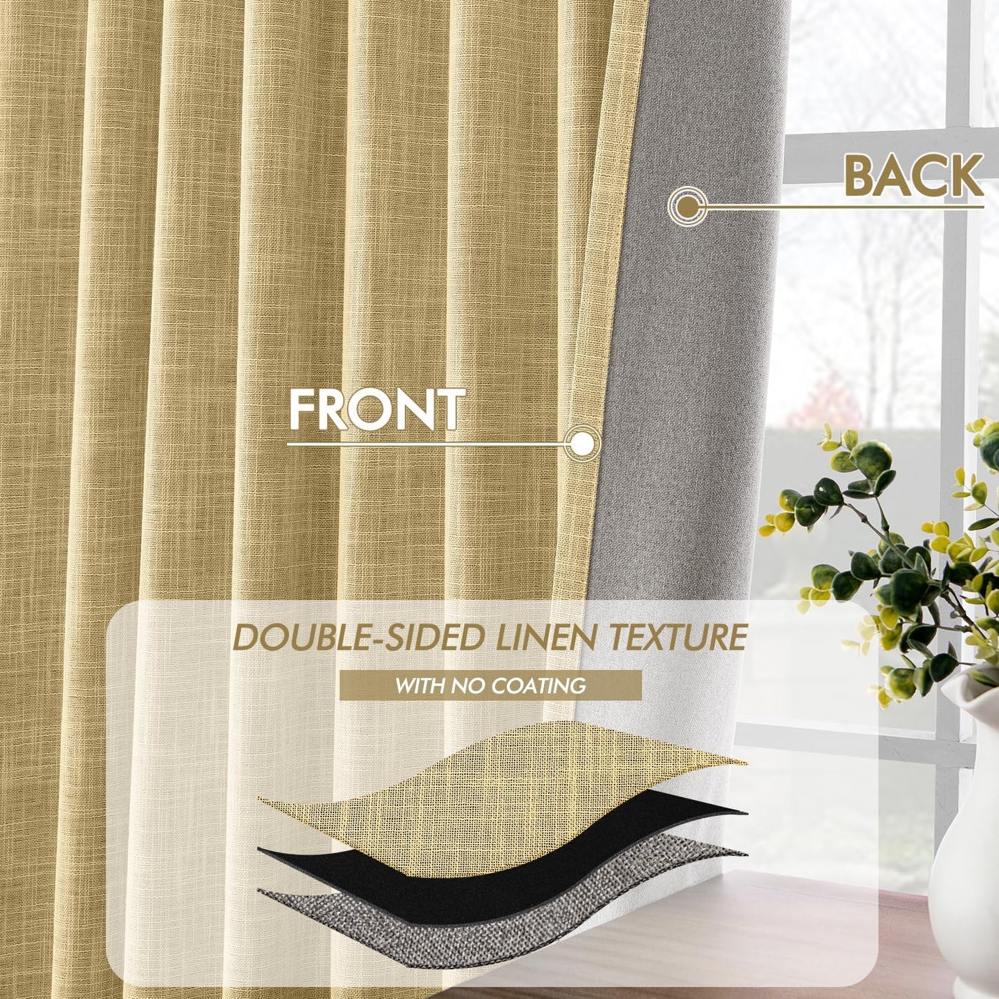 MIULEE Yellow 100% Blackout Linen Curtains 120 Inch 2 Panels Set Double Sided No Coating Pinch Pleated Back Tab Black out 10 FT Extra Long Thermal Insulated Bedroom Living Room Darkening Window Drapes