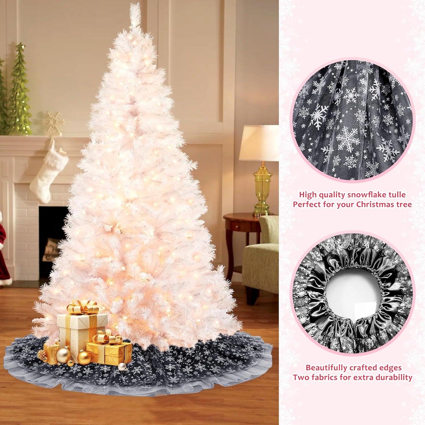 Christmas Wedding Tree Skirt, 4 Layer 45 in Snowflake Tulle Tree Decoration for Party Indoor, Fluffy Tree Cover Mat Ornament for Holiday, Black