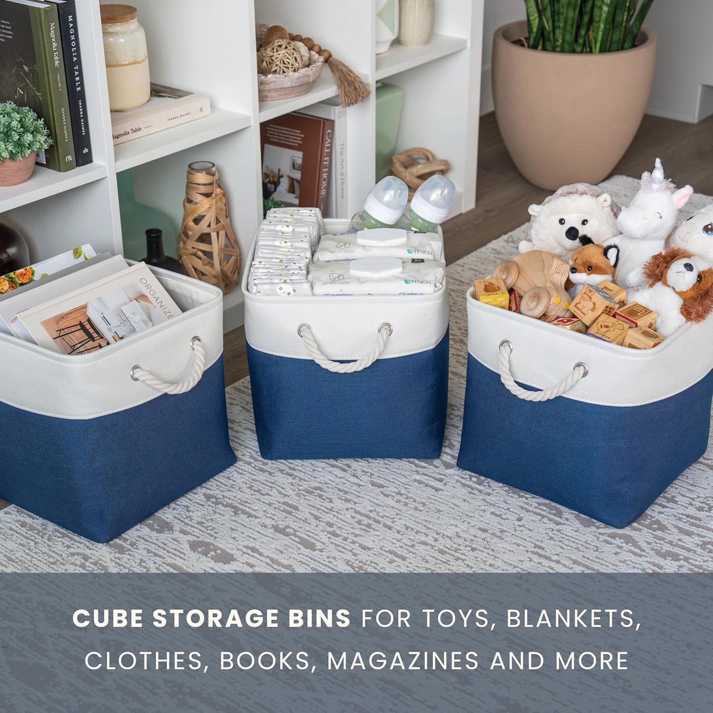 OrganiHaus 11x11 Cube Storage Bins 4 Pack, Foldable Cube Storage Organizer w/ Rope Handles, Collapsible Fabric Bins for Toys, Clothes & Closet Organization, Fabric Square Baskets - Navy Blue