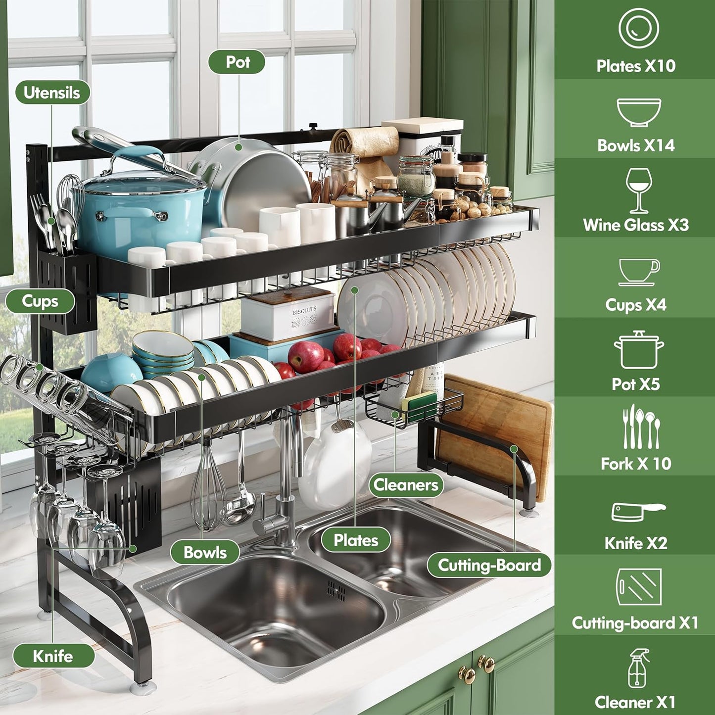 3 Tier Extra Large Stainless Steel Expandable Over The Sink Dish Drainer Drying Rack, Rust Proof Metal, Space Saving, Modern Black Big Capacity Extendable Plate Strainers Above Kitchen Counter