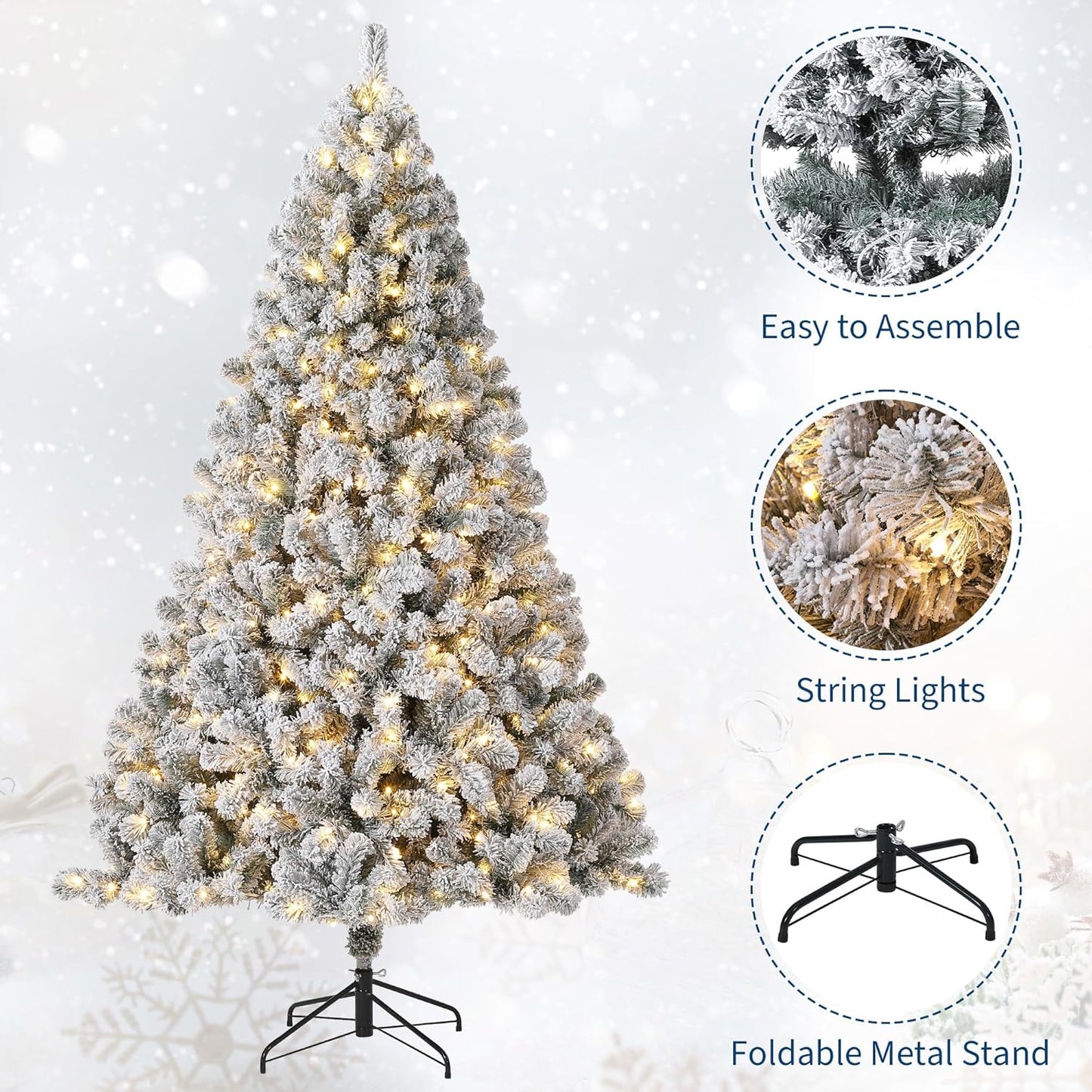GarveeHome 9ft Prelit Artificial Christmas Tree with Warm White Lights, Snow Flocked Full Xmas Tree with 1800 Branch Tips, 900 LED Lights & Foldable Stand, Green & White Christmas Decorations