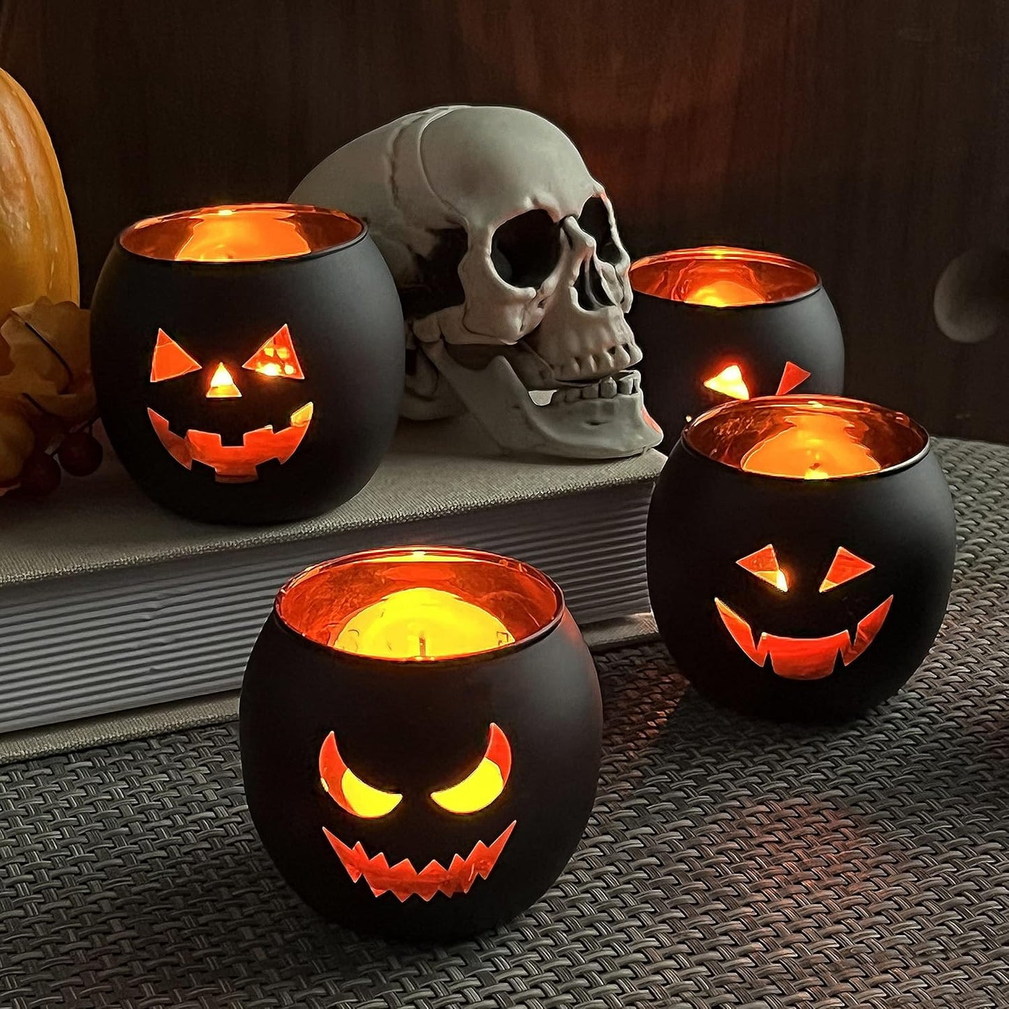 Halloween Table Decor Set of 6, Jack O Lanterns Black Glass Votive Tealight Candle Holders, Halloween Decorations Indoor Party Mantel Coffe Table Centerpiece Decor
