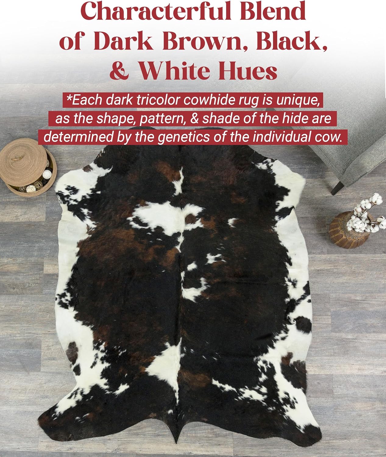Natural Cowhide Rug for Home & Office Premium Dark Tricolor Cowhide Rug with Unique Dark Brown, Black & White Patterns- Cow Hide Rugs Made with Tanned Leather - Cow Hide Rugs 6x7-8 ft