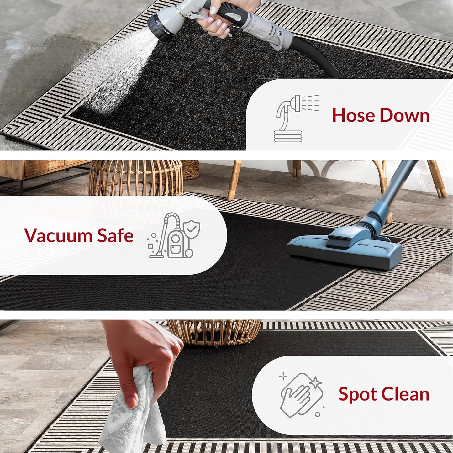 nuLOOM 9'6" x 12' Outdoor Area Rug, Casual Design With Striped Border, Stain Resistant, Highly Durable, For Patio, Balcony, Bedroom, Living Room, Dining Room, Bathroom, Black