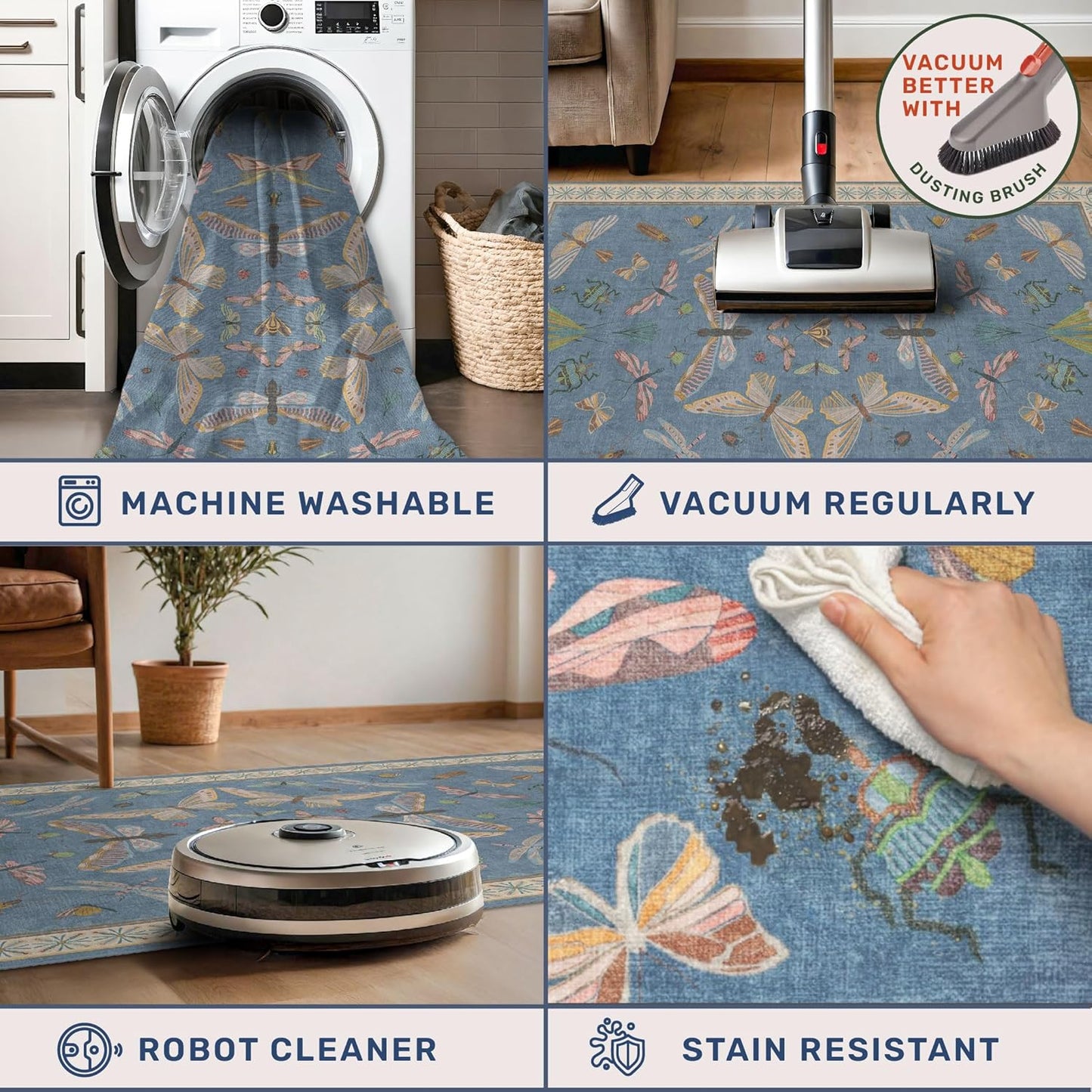 Washable 4x6 Small Rug for Living Room, Area Rug for Kitchen, Bedside, Large Entryway Indoor - Stain Resistant Non Slip with Rubber Backing, Insect Print Aethestic Décor, Light Blue & Aqua