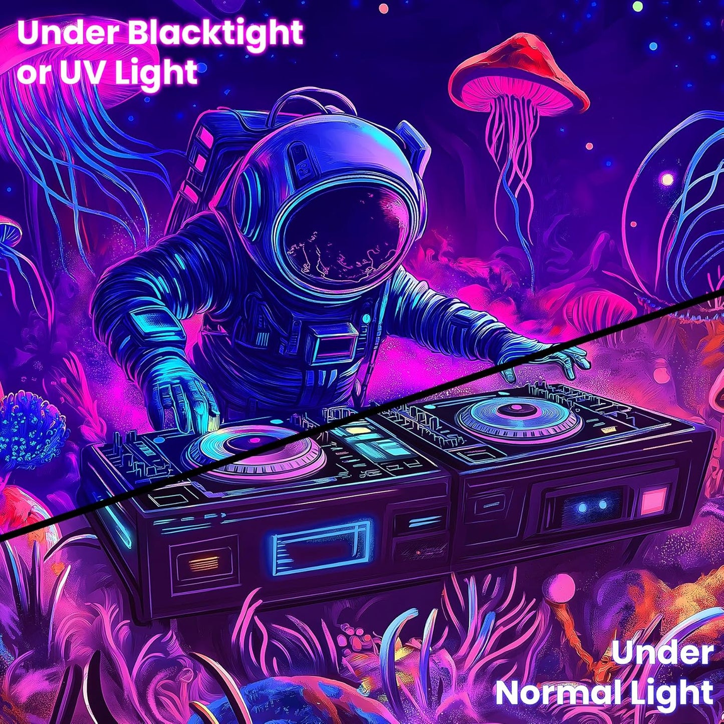 BVBOX Astronaut Space Blacklight Tapestry 79"x59", UV Reactive DJ Astronaut Jellyfish Universe Galaxy Planet Glow in Dark Music Tapestries, Black Light Neon Upright Poster Wall Hanging Backdrop Decor for Bedroom Living Room