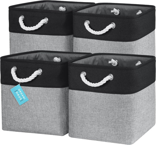 OrganiHaus 12x12 Cube Storage Bins 4 Pack, Foldable Cube Storage Organizer w/ Rope Handles, Collapsible Fabric Bins for Toys, Clothes & Closet Organization, Fabric Square Baskets - Gray/Black