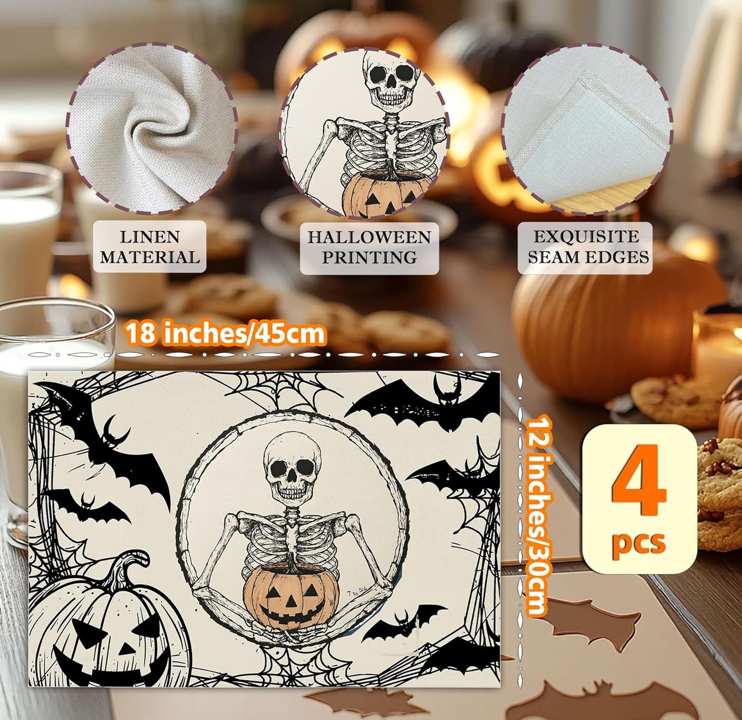 Halloween Skeleton Placemats Set of 4, 12x18 Inch Pumpkin Bats Table Mats, Washable Heat Resistant Place Mats for Kitchen Dining Table, Spooky Themed Decoration for Home-B11