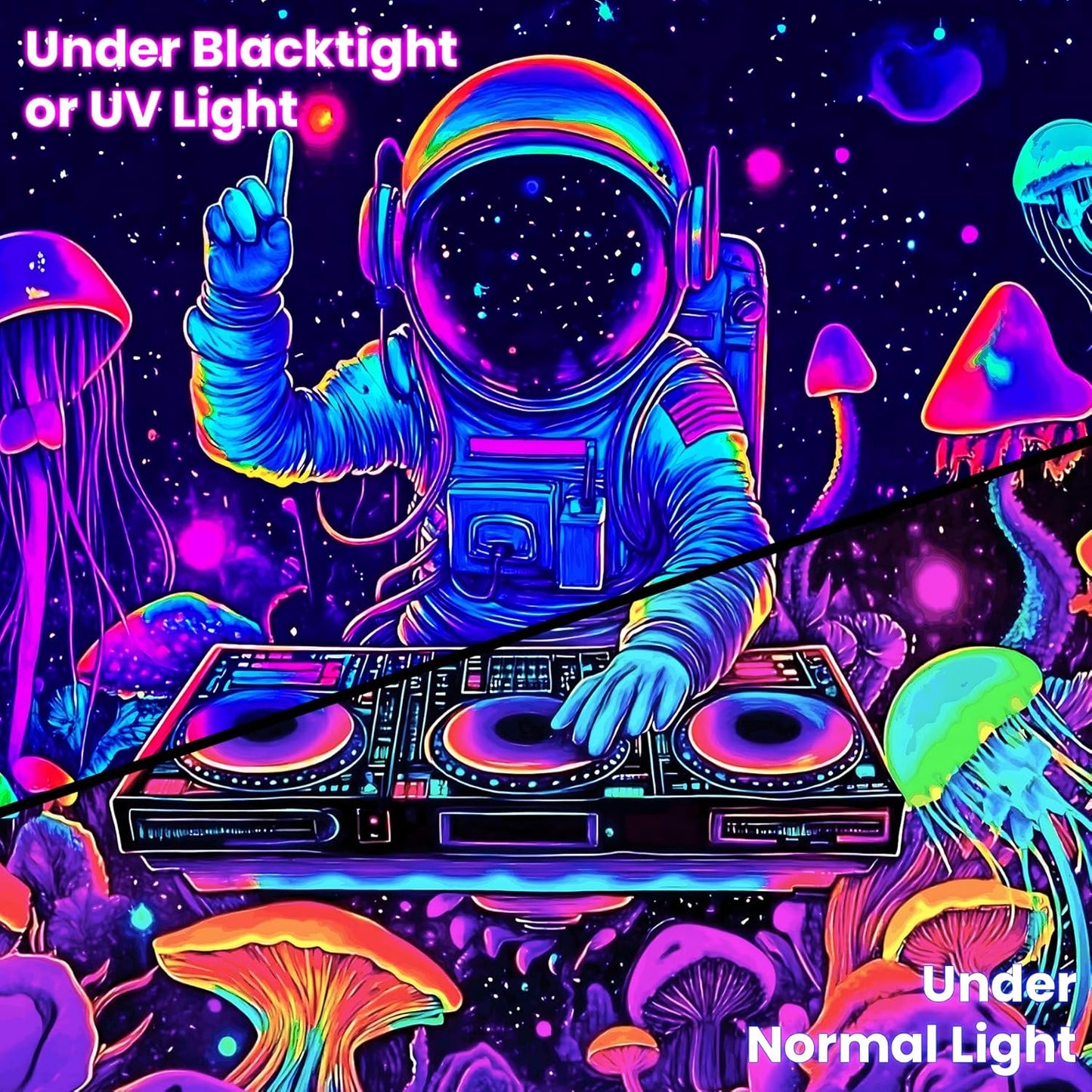BVBOX Astronaut Space Blacklight Tapestry 79"x59", UV Reactive Astronaut DJ Universe Galaxy Planet Glow in Dark Music Tapestries, Black Light Neon Upright Poster Wall Hanging Backdrop Decor for Bedroom Living Room