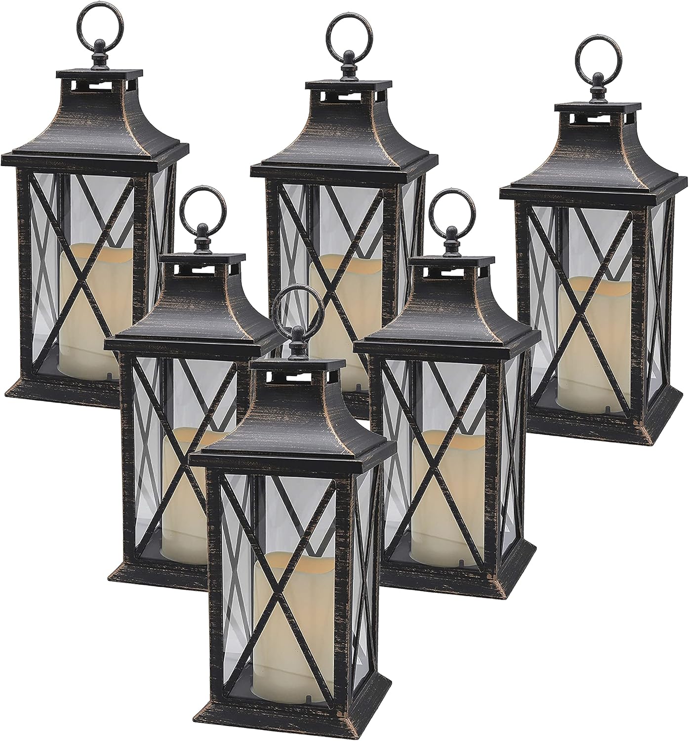 YAKii 14" Decorative Candle Lantern LED Flameless Candle Timer, Plastic LED Candle & Holder, Indoor & Outdoor Hanging Lights,Christmas Day Decoration Pack of 6 (Antique Copper Brushed)