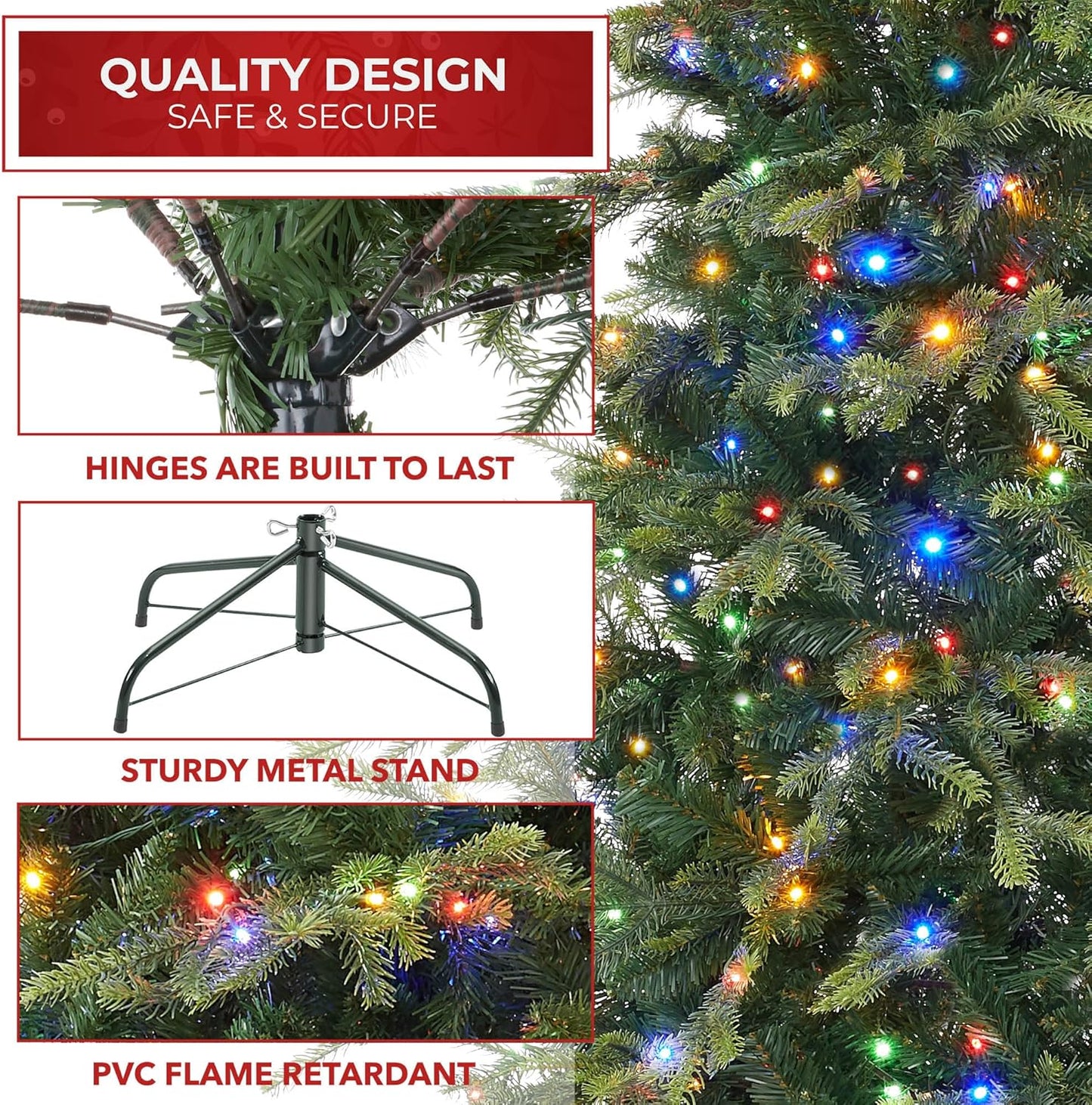 Casafield 6.5FT Pre-Lit Slim Green Aspen Fir Artificial Holiday Christmas Tree with White & Multicolored LED Lights, Realistic Noble Fir with Metal Stand