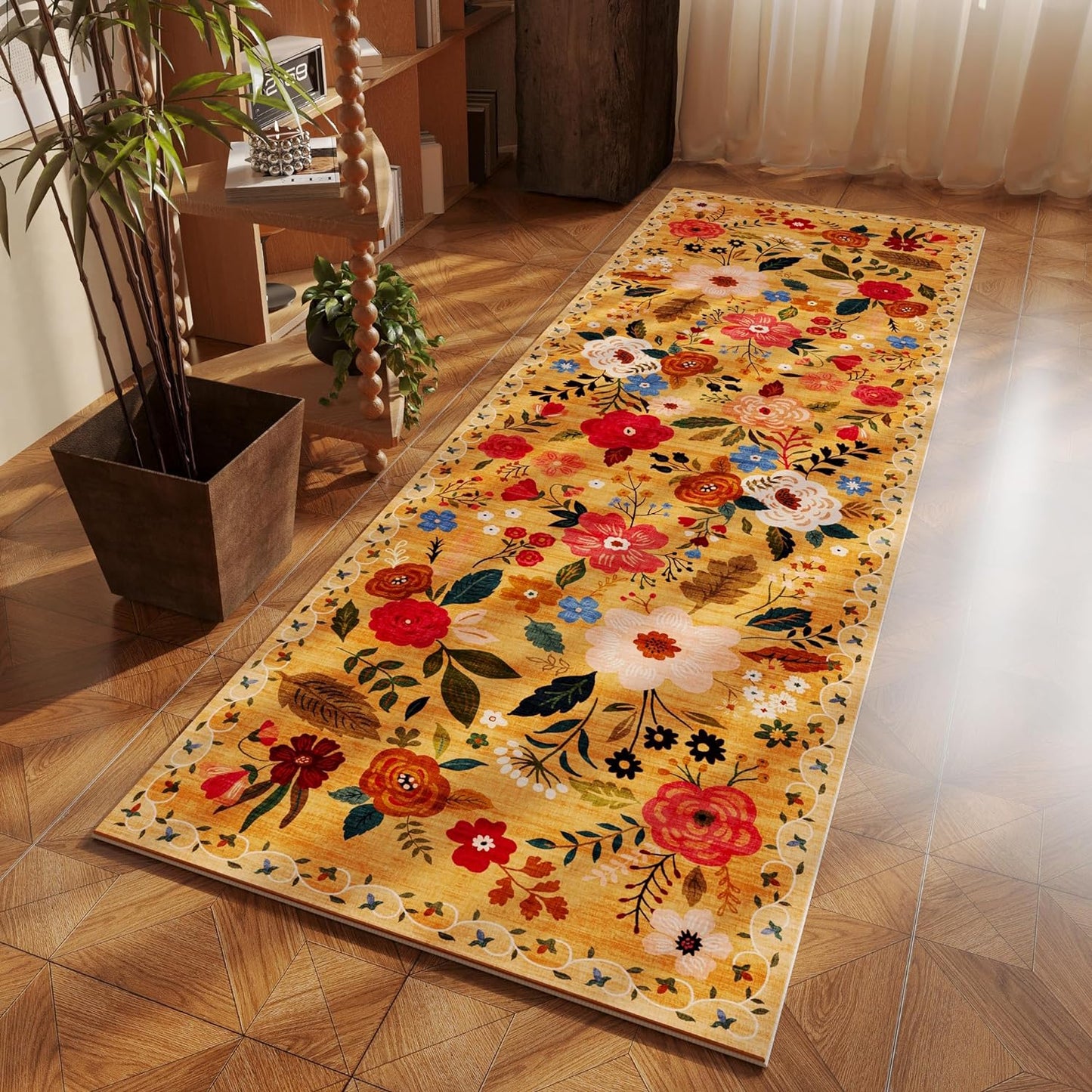 Runner Rug for Hallways Kitchen Rug Non Slip 2'6''x8' Washable Runner Rugs with Rubber Backing Soft Floral Carpet Runner for Hallways, Kitchen, Laundry, Bedroom, Bathroom(Yellow)