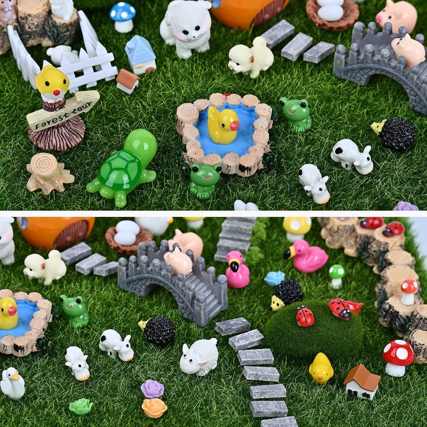 120 Pcs Fairy Garden Accessories, Micro Landscape Ornaments Kit, Mini Resin Animals with Fairy Tiny House for Home Outdoor and Plant House Decor