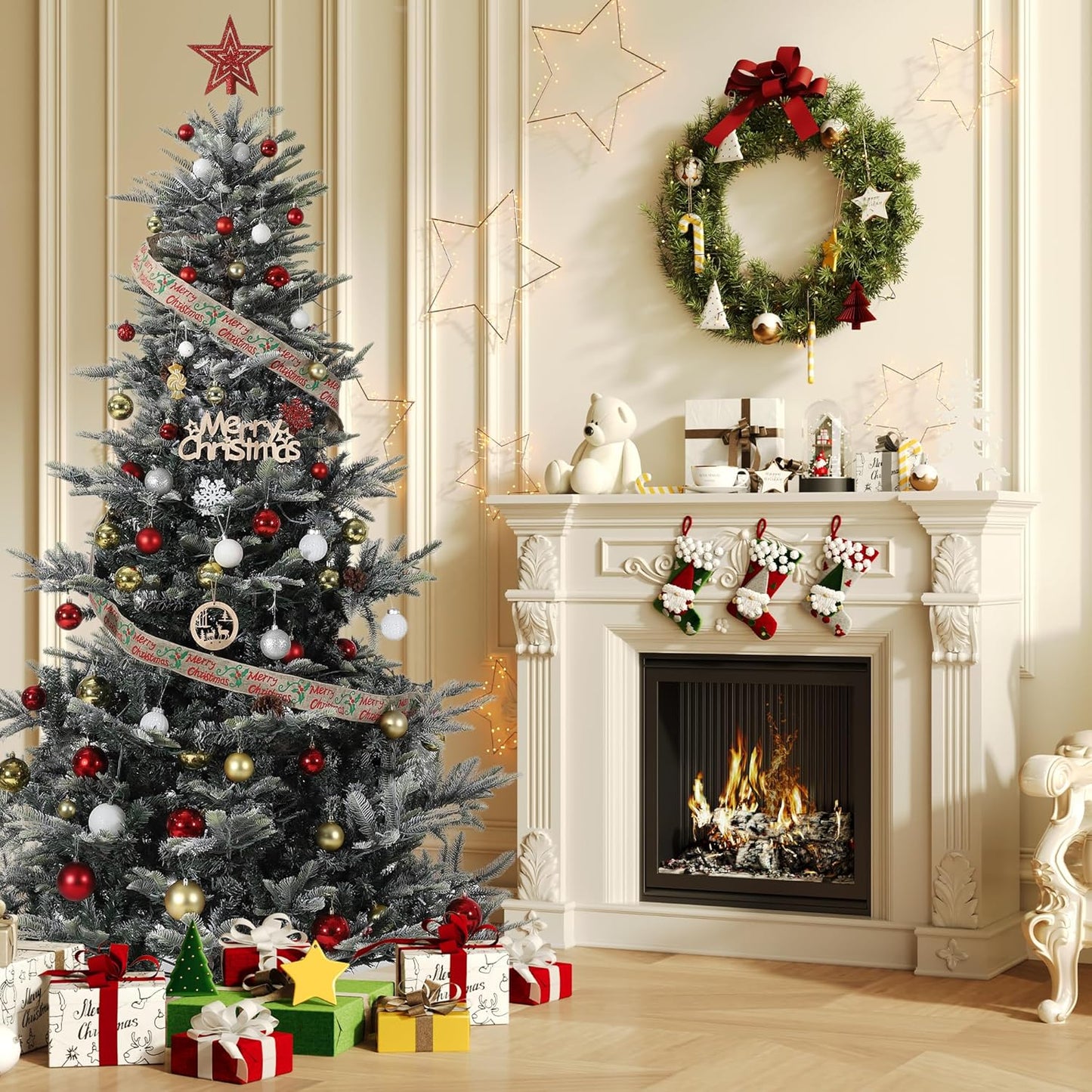 6.5ft Pre-lit Artificial Christmas Tree with Incandescent Warm White Lights, Snow Flocked Full Prelighted Xmas Tree Automatic Branch Tips, UL Listed Lights & Foldable Stand, Green & White