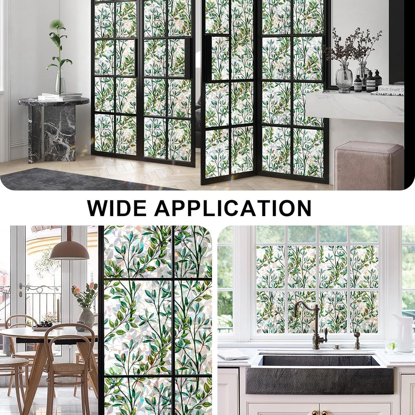 Rainbow Window Privacy Film 3D Leaf Decorative Stained Glass Window Film Anti UV Non-Adhesive Reusable 23.6" x 157.4" for Home Room Car Glass Cling