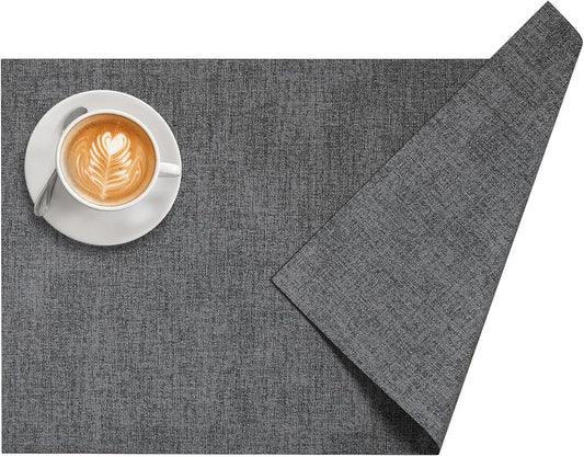 DOLOPL Placemats Set of 6, Reversible Wipeable & Heat Resistant Place Mats, Modern Faux Leather Table Mats for Kitchen, Neutral Waterproof Tablemats for Dining Table Decor, Wedding, Party(Charcoal)