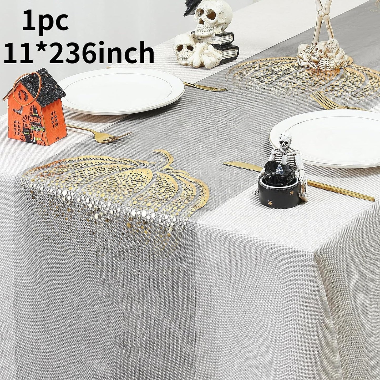 Halloween Pumpkin Table Runner Foil Metallic Thin Mesh Runners Fall Autumn Maple Leaves Table Runners for Tables Kitchen Dining Decorations Party Supplies 11*108"