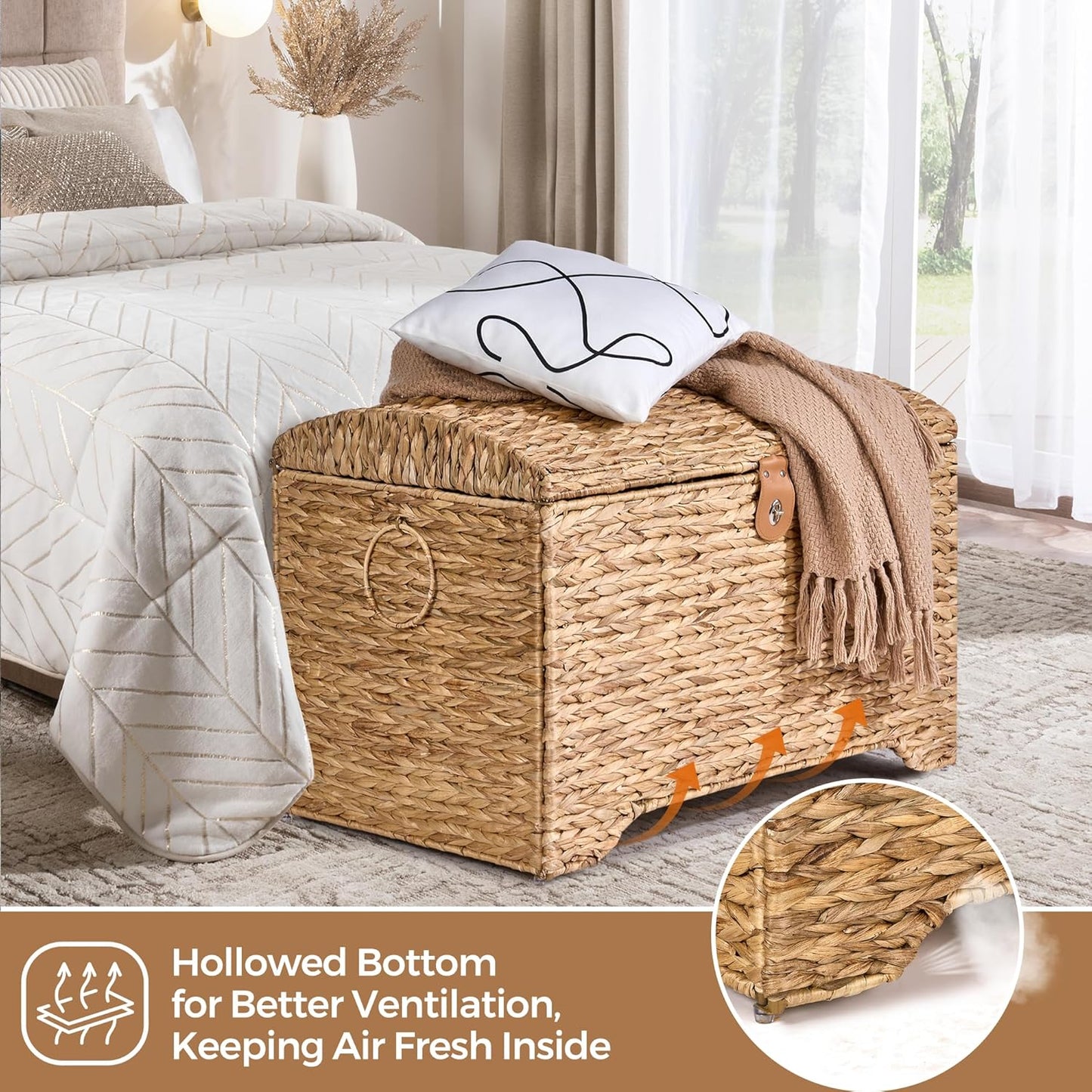 Handwoven Storage Basket with Lid, 178L Wicker Storage Bin, Natural Water Hyacinth, Leather Buckle & Metal Frame, Metal Ring Handles for Easy Transport, Storage Chest & Trunk for Bedroom, Living Room