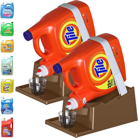 TidyFriend Laundry Detergent Holder Stand Organizer with Drip Tray, 2 Pack Laundry Soap Holder with Non-Slip Rubber Feet for Washing Space Organization, Angled Downward Slope for Easy Pouring (Brown)