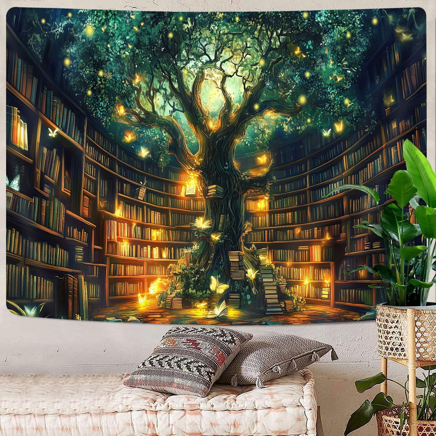 Fantasy Library Tapestry, Fairytale Tree Magic Bookshelf Aesthetic Tapestries for Classroom, Witchy Fairy Tree Mysterious Vintage Bookshelf Book Art Tapestry Wall Hanging College Room Bedroom, 60X40