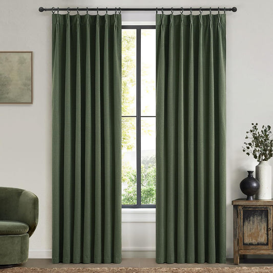 Olive Green Linen Curtains for Living Room, 86 inch Pinch Pleated Drapes with Hooks Back Tab Blackout Privacy Boho Home Decor, Forest/Hunter Green Window Curtains 86 inches Long for Bedroom 2 Panels